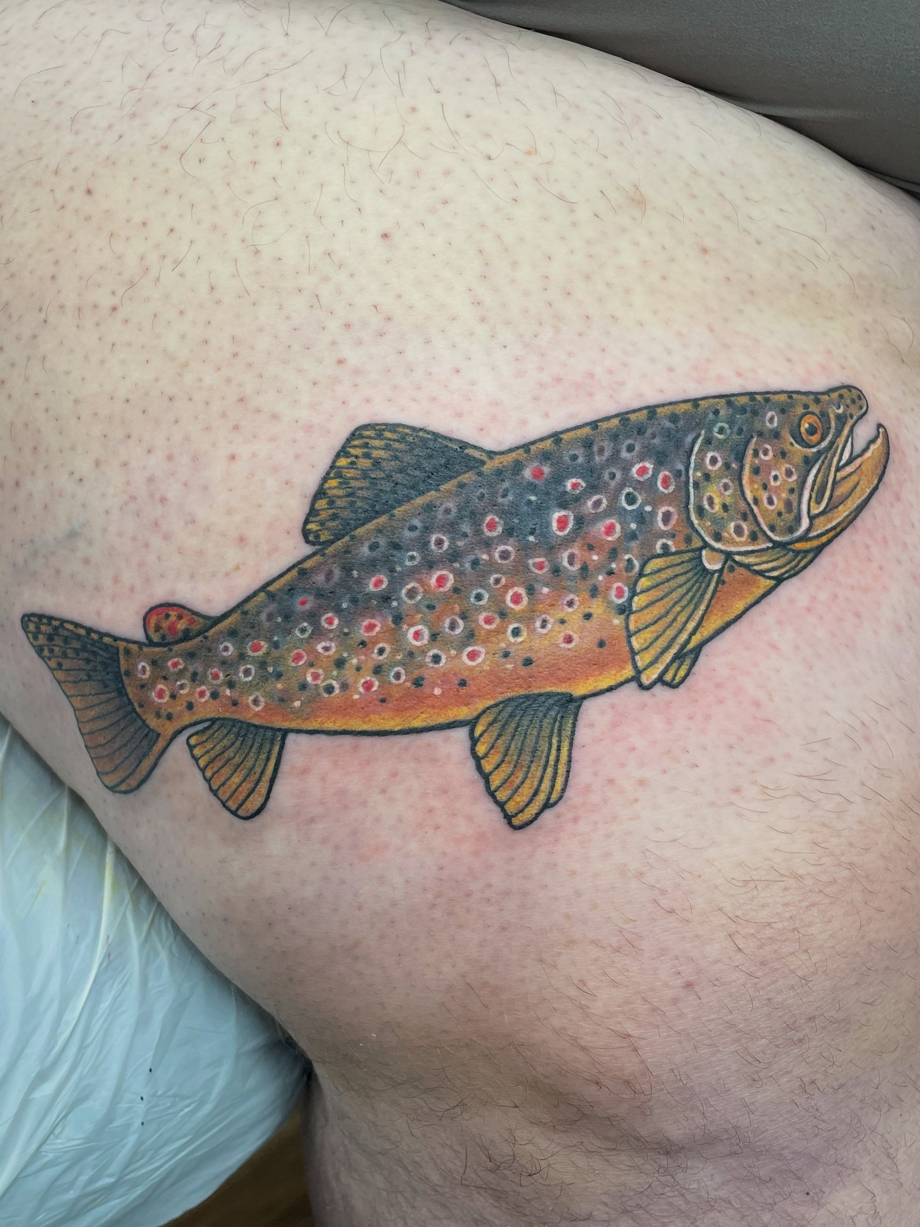 Brown trout realism tattoo on the thigh by πΌπ
ππΎπππππ