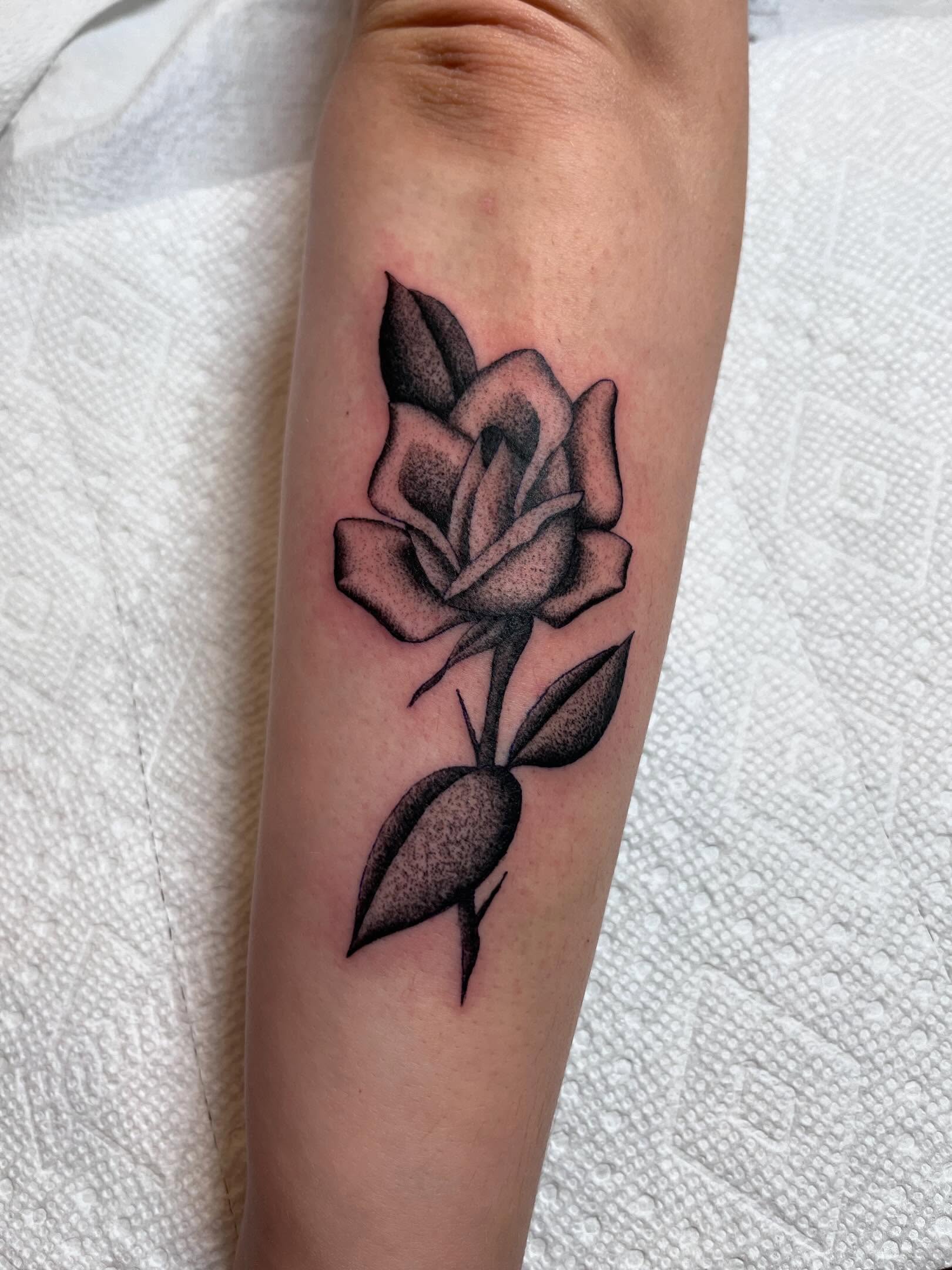 Rose dotwork tattoo on the forearm by Jackson Kirchhoff