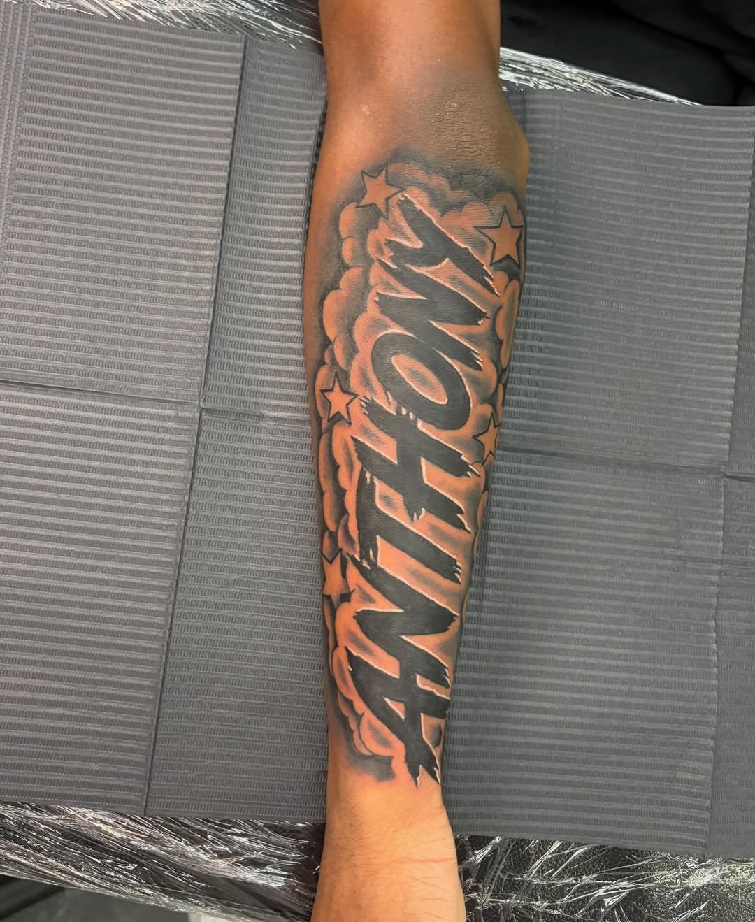 Tattoo by @sheinkd_itt โ lettering_script, black_and_grey