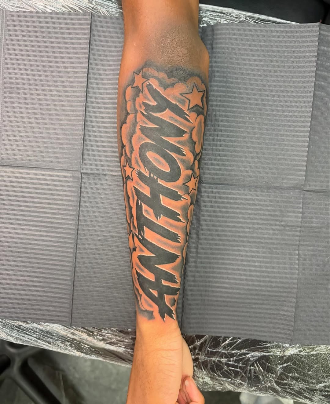 Tattoo by @sheinkd_itt โ lettering_script, black_and_grey