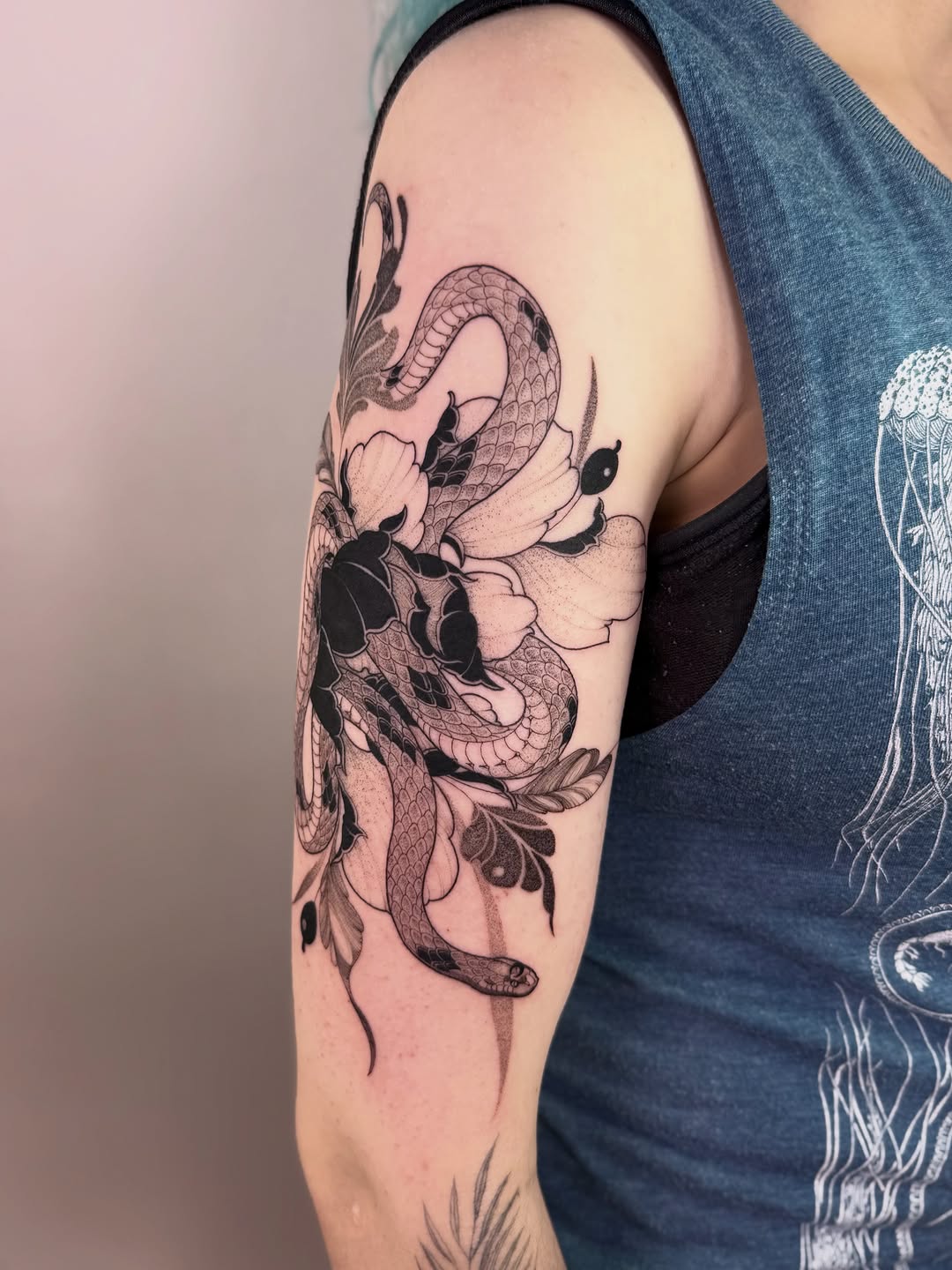 Tattoo by @jenaperrytattoos — black_and_grey, dotwork