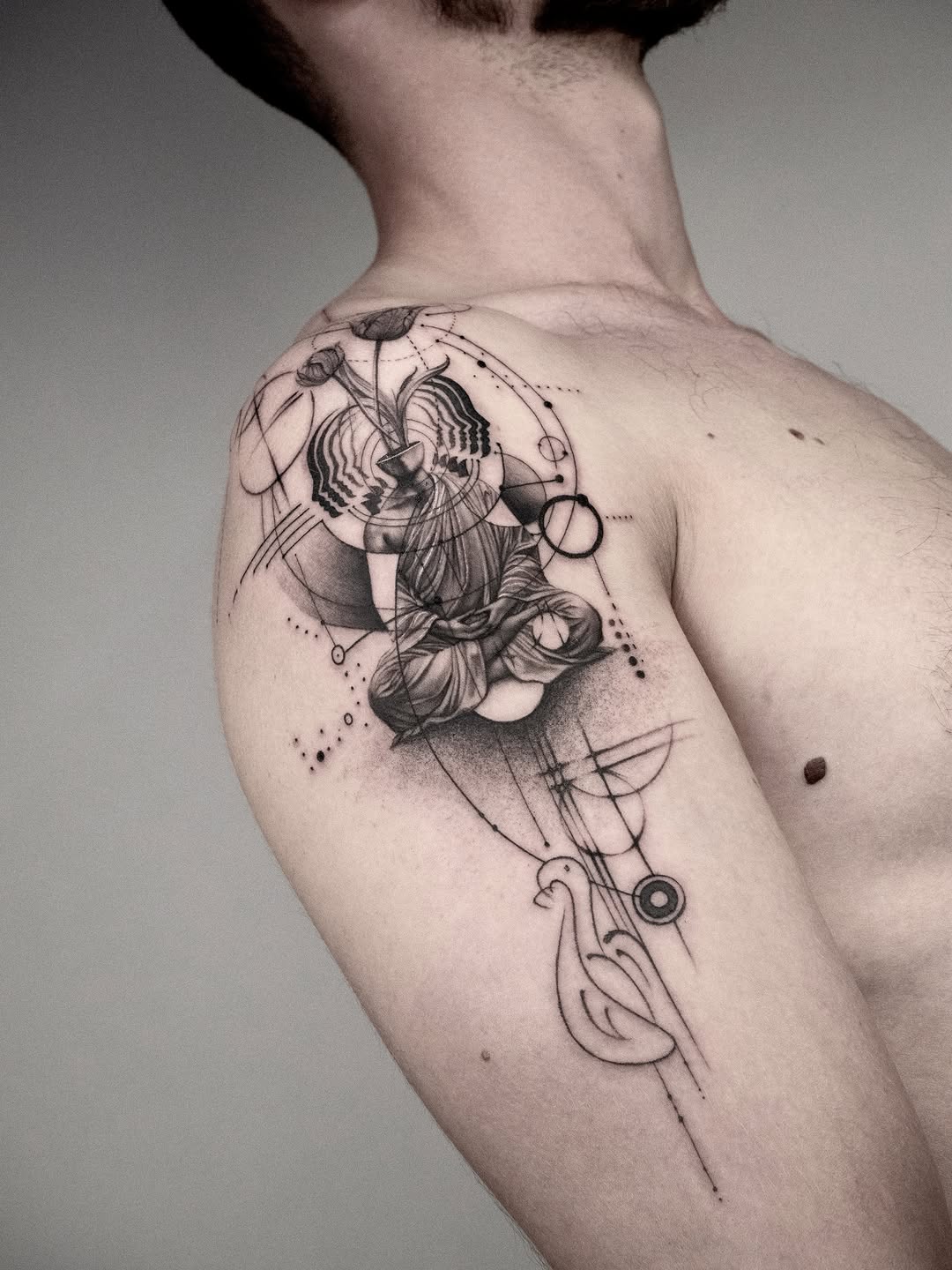 Sketch tattoo on the shoulder by János Bozóki, Budapest, Hungary