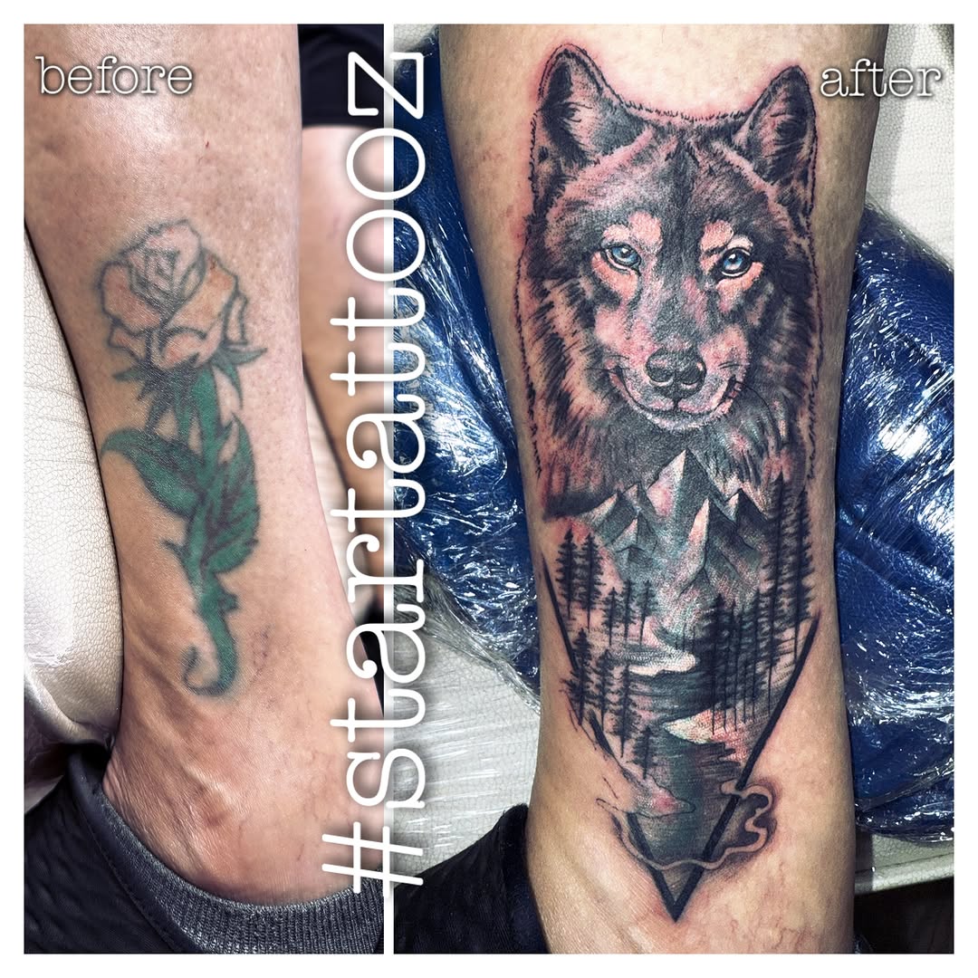 Wolf and mountains realism tattoo on the forearm by StarTattooz - the one & only