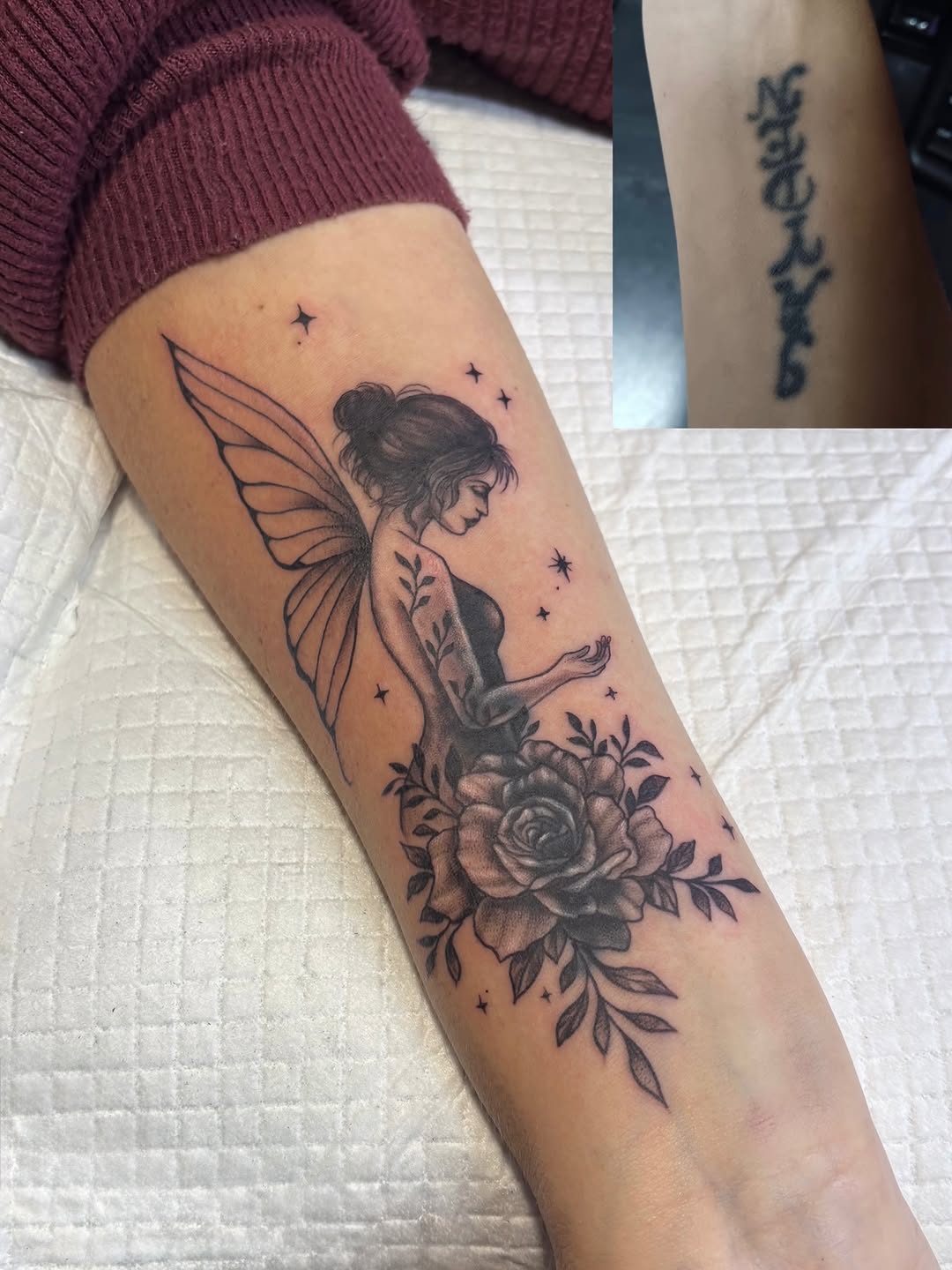 Fairy with rose fine line tattoo on the forearm by Art by Aimee