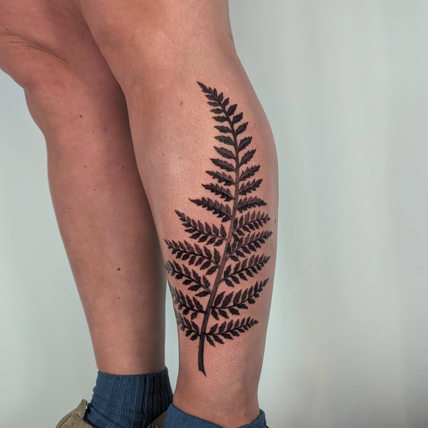 Fern black and grey tattoo on the calf by Courtney Yaddof
