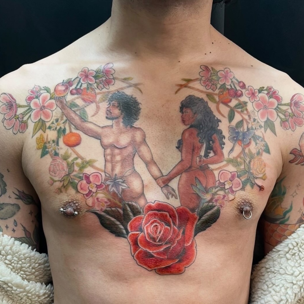 Adam and Eve American traditional tattoo on the chest by Brianna Jo Ballinghoff