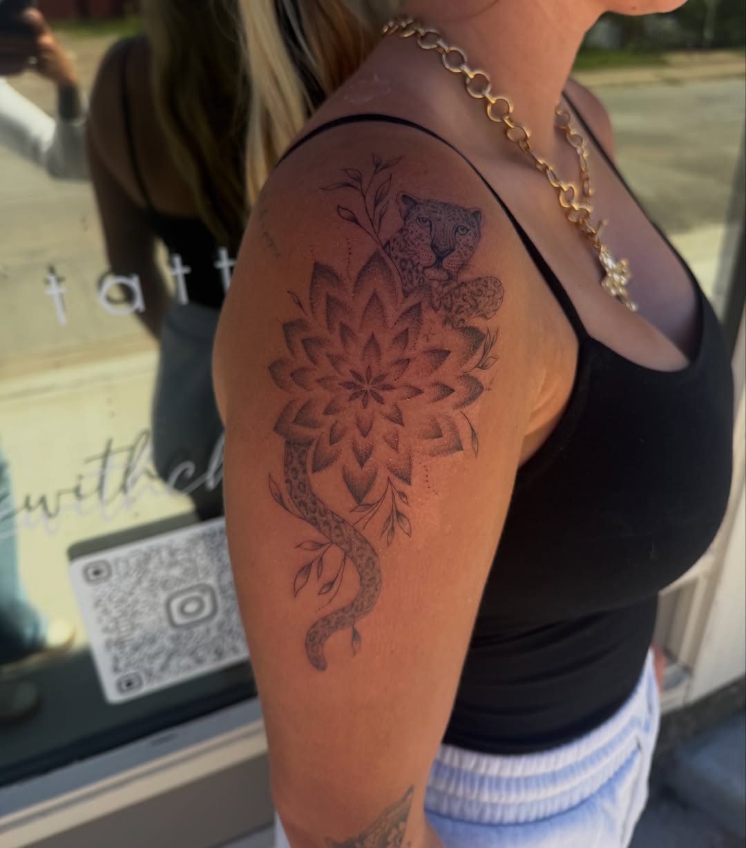Lotus flower with leopard dotwork tattoo on the shoulder by 𝙸𝚗𝚔𝚊𝚗𝚍𝚕𝚒𝚕𝚢𝚜 🤎💉🐻🌸