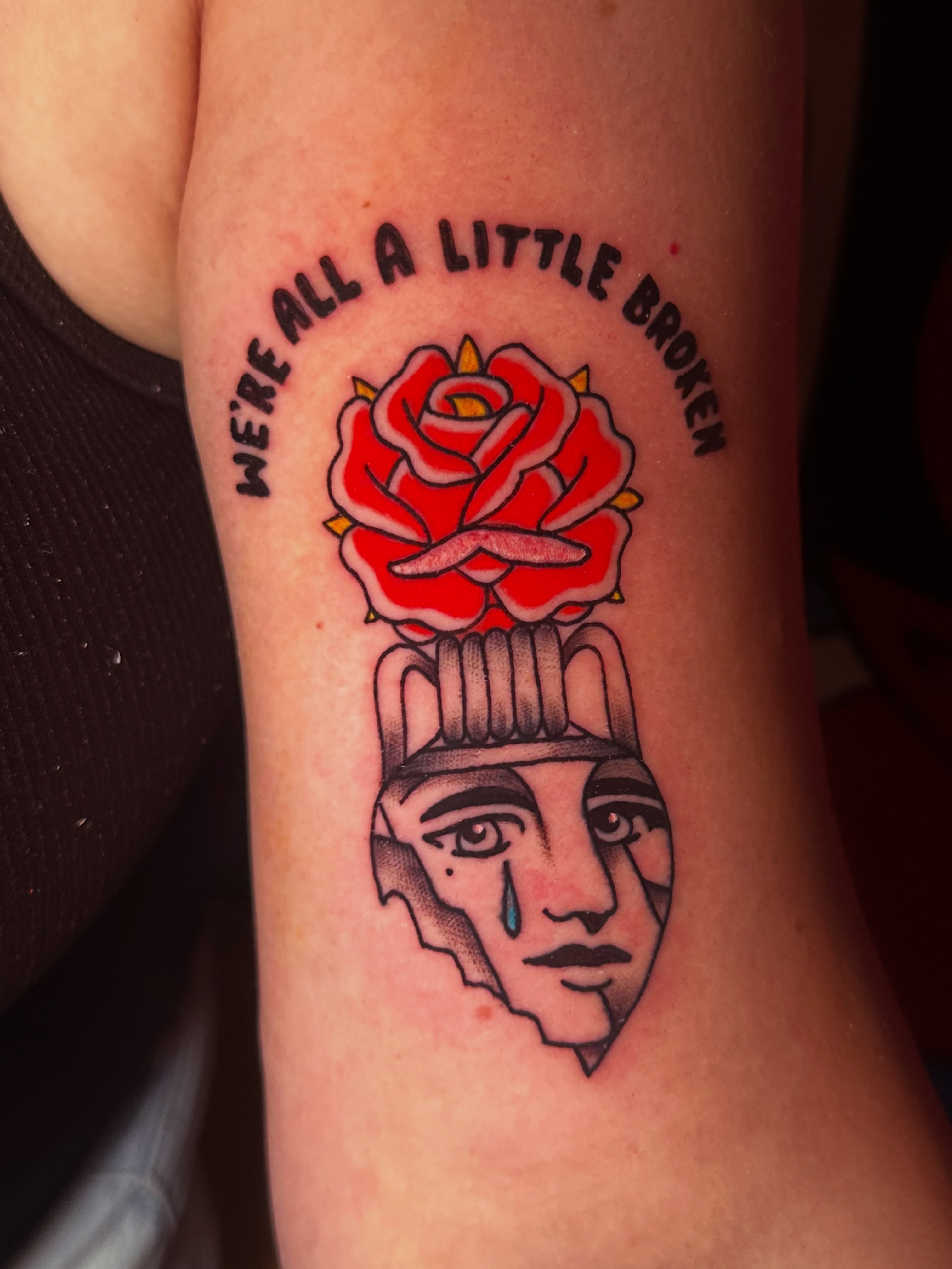 Broken rose American traditional tattoo on the forearm by Drew’s Tattoos (NH)
