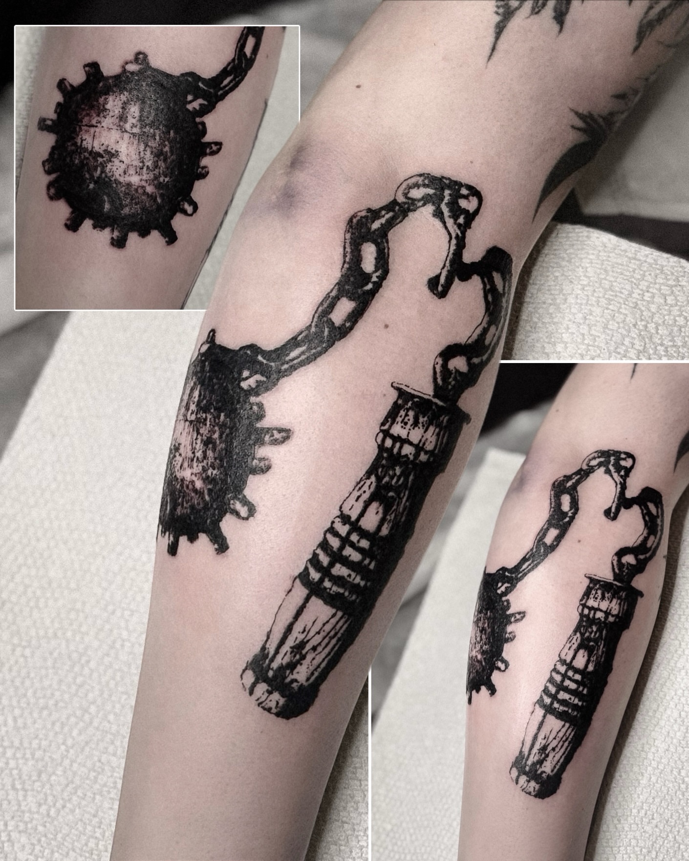 Gun and chain black and grey tattoo on the forearm by ąʑཞąıą ཞąıŋ