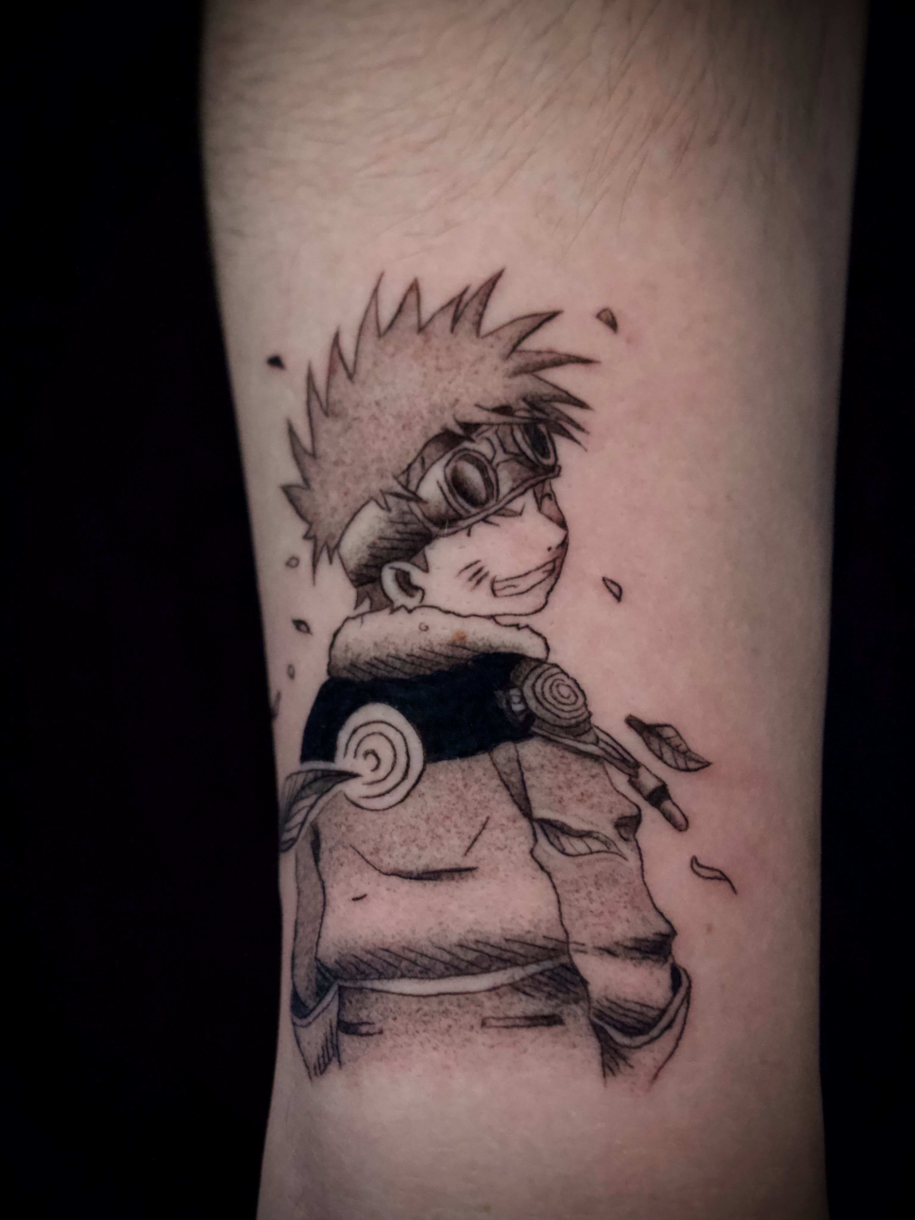 Anime character dotwork tattoo on the forearm by Kanya, Alhambra, California