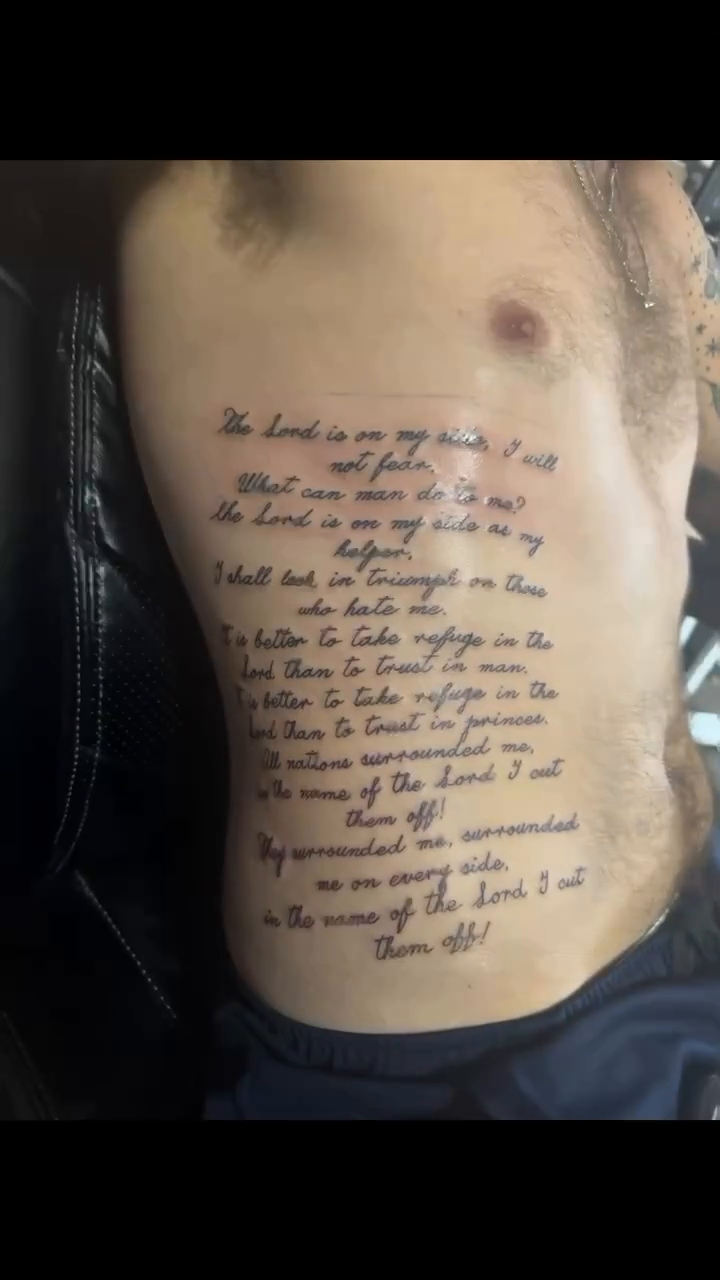 Scripture tattoo on torso Chicano tattoo on the torso by Jason Ponce