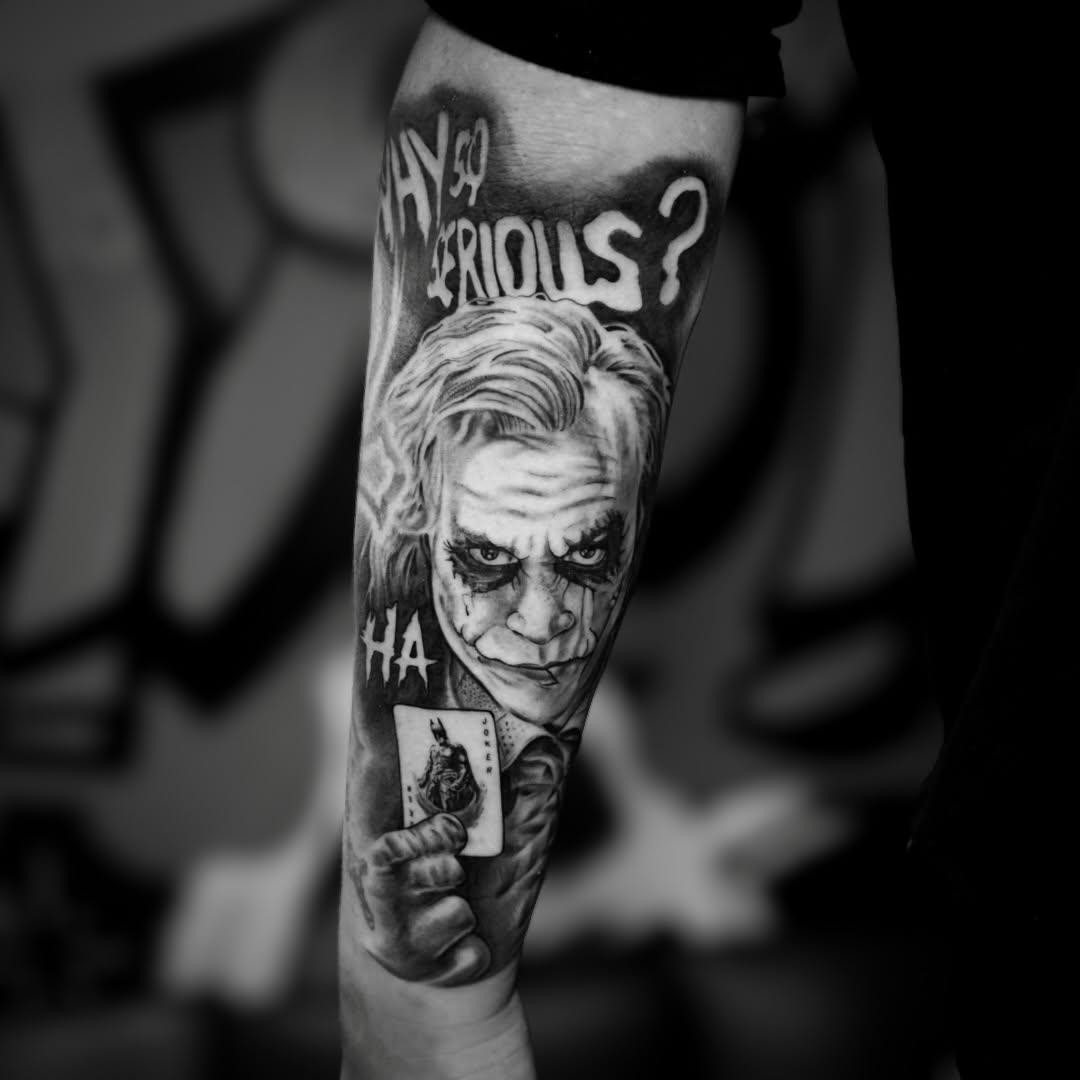 The Joker from The Dark Knight realism tattoo on the forearm by Abel Ponce