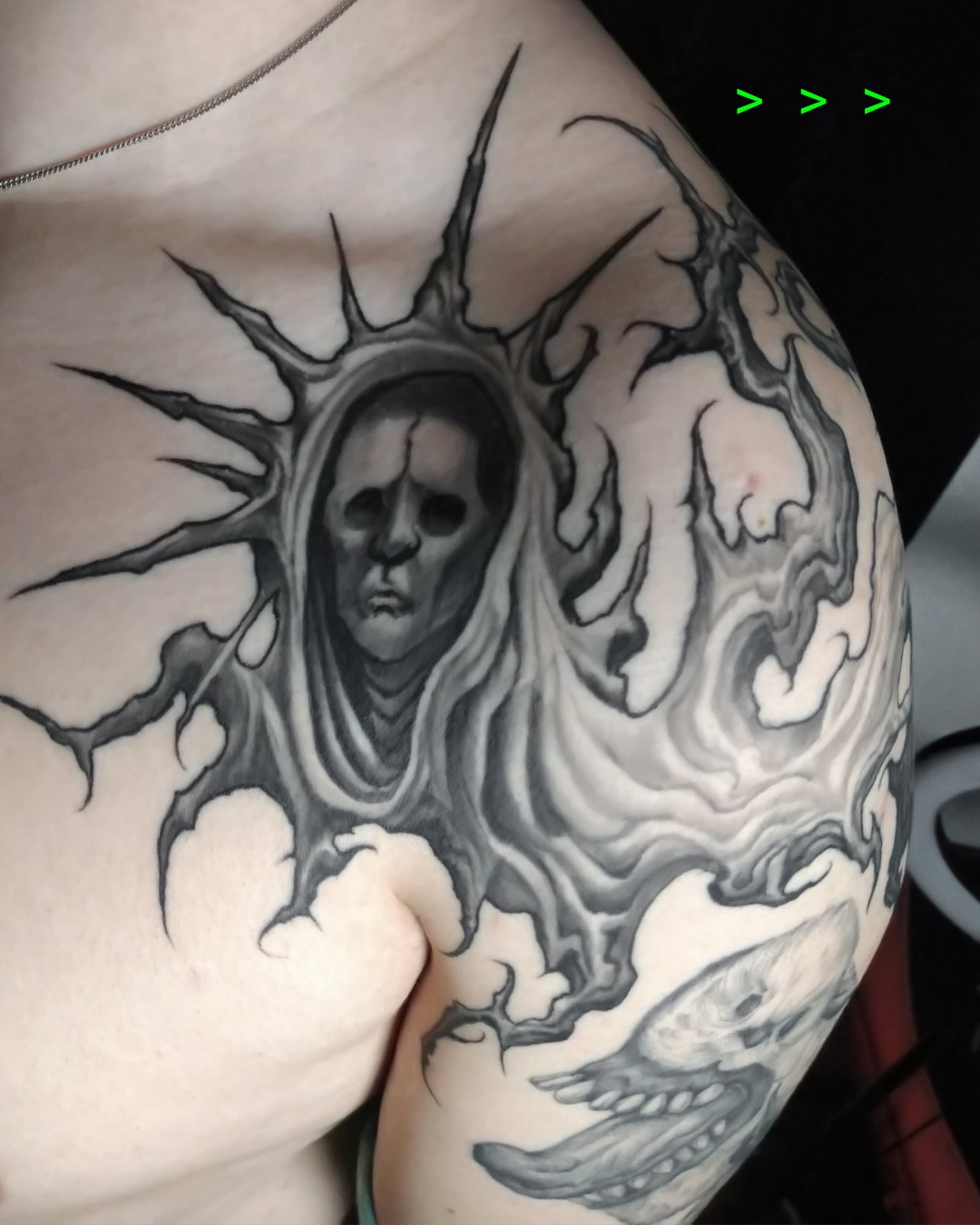 Tattoo by @crawlspace_tattoo — black_and_grey, dark_realism