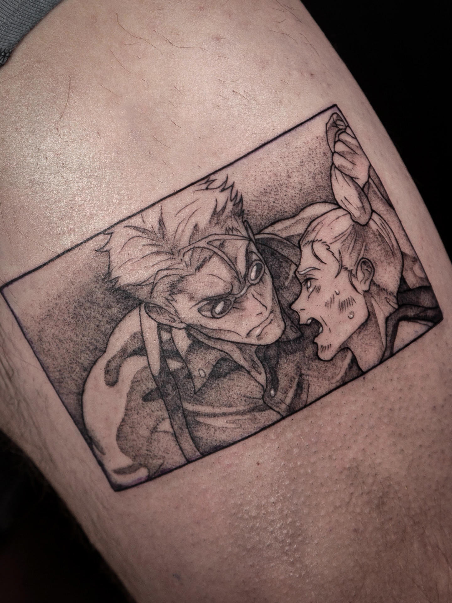 Anime characters dotwork tattoo on the thigh by 🖤 Xamy ∆rt (◍