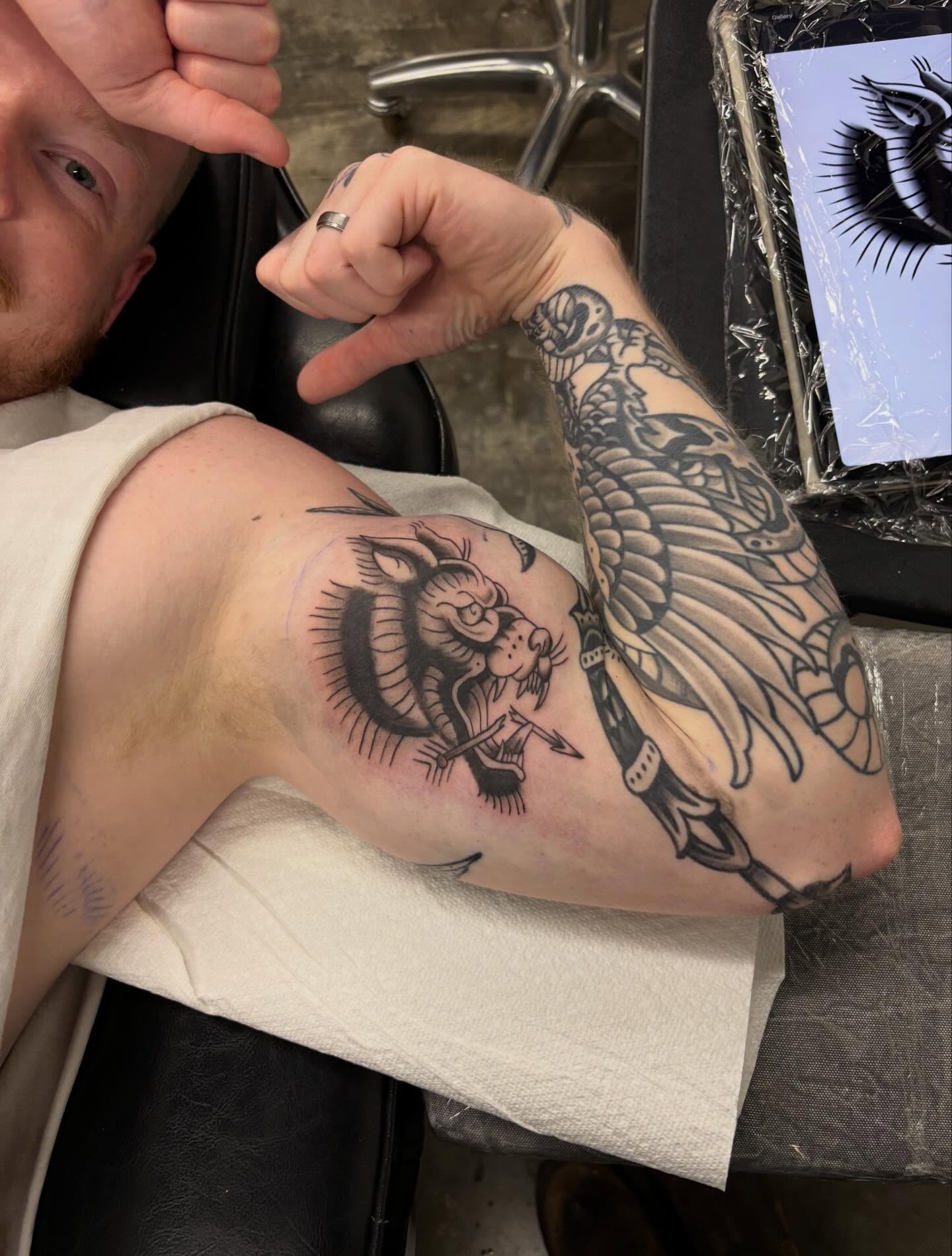 Ram and eagle American traditional tattoo on the forearm by Ethan Ellis, Dallas, Texas