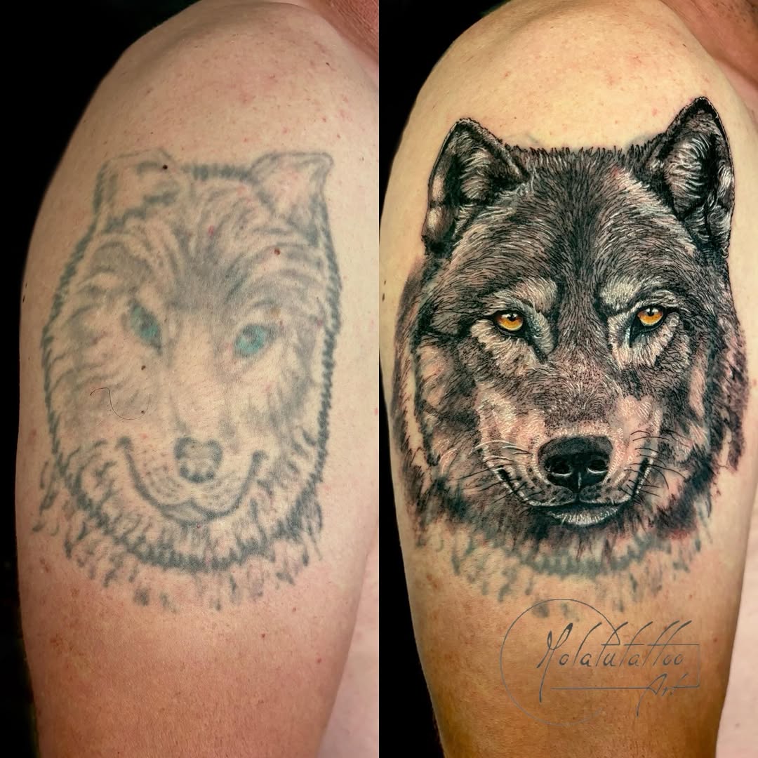 Wolf portrait realism tattoo on the shoulder by Molatutattoo