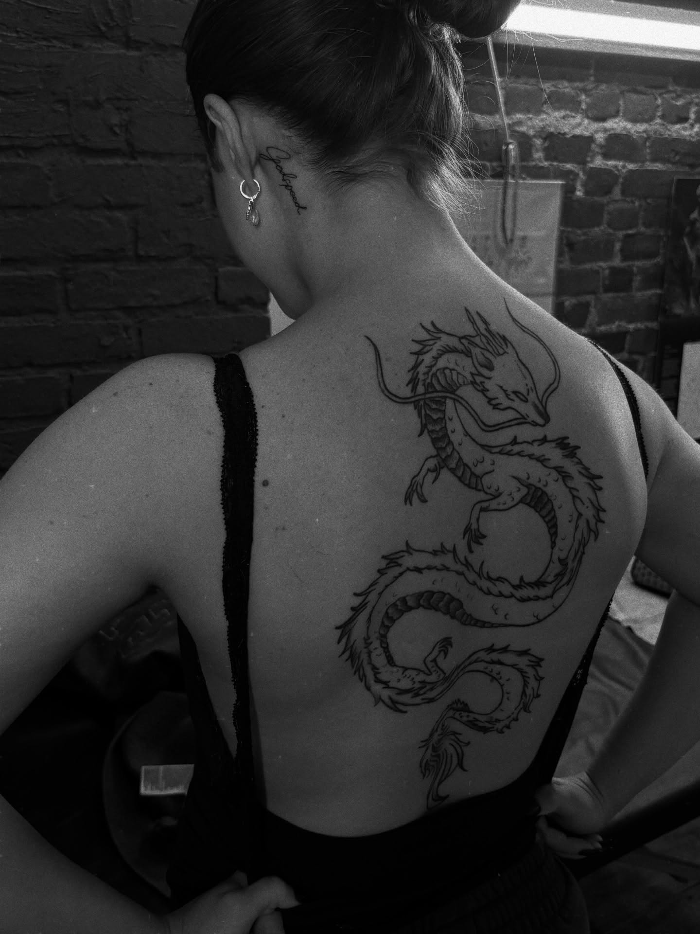 Dragon black and grey tattoo on the back by Casey - Tattooer, Salem, Massachusetts