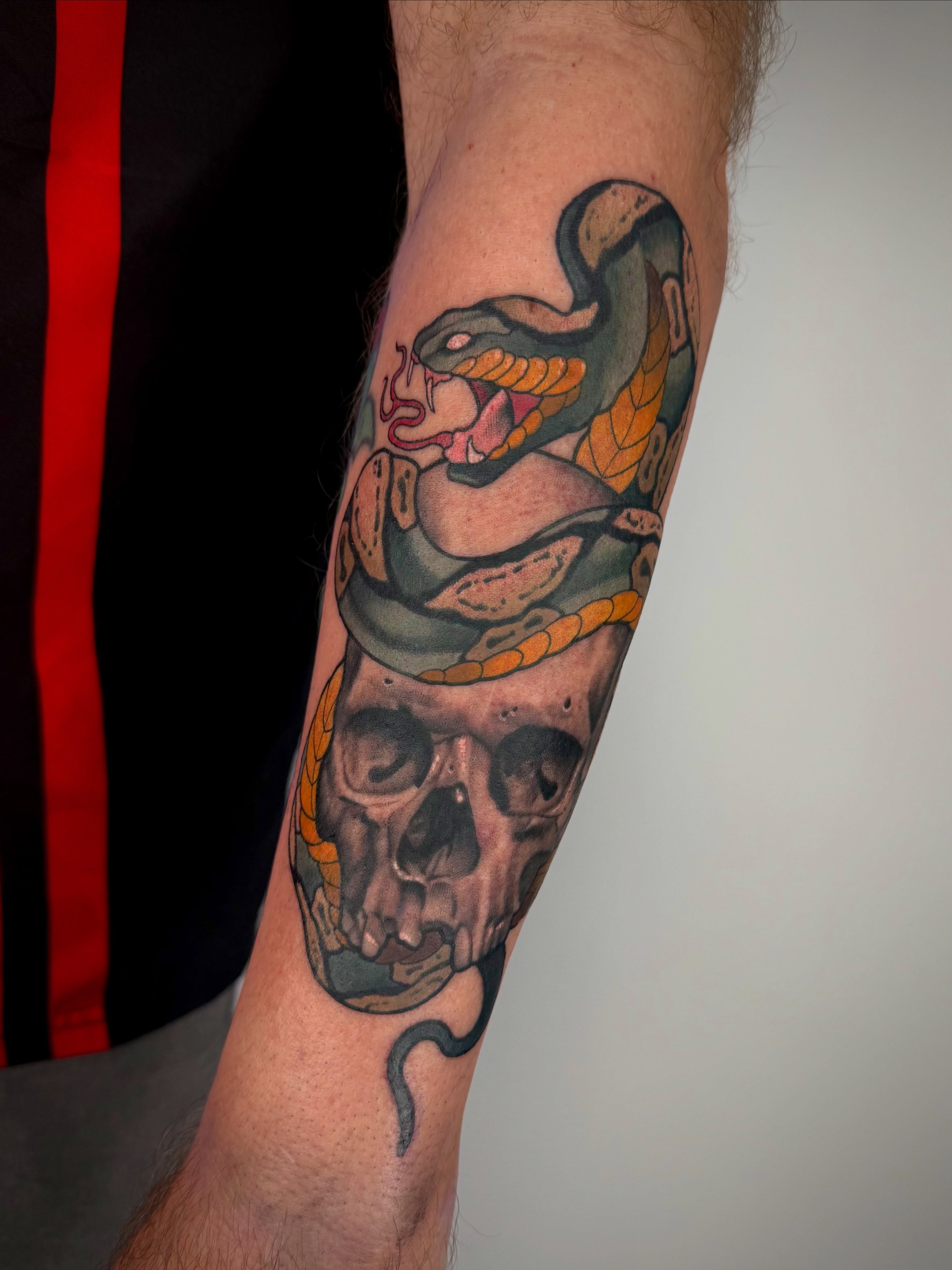 Snake and skull American traditional tattoo on the forearm by Sam Babcock
