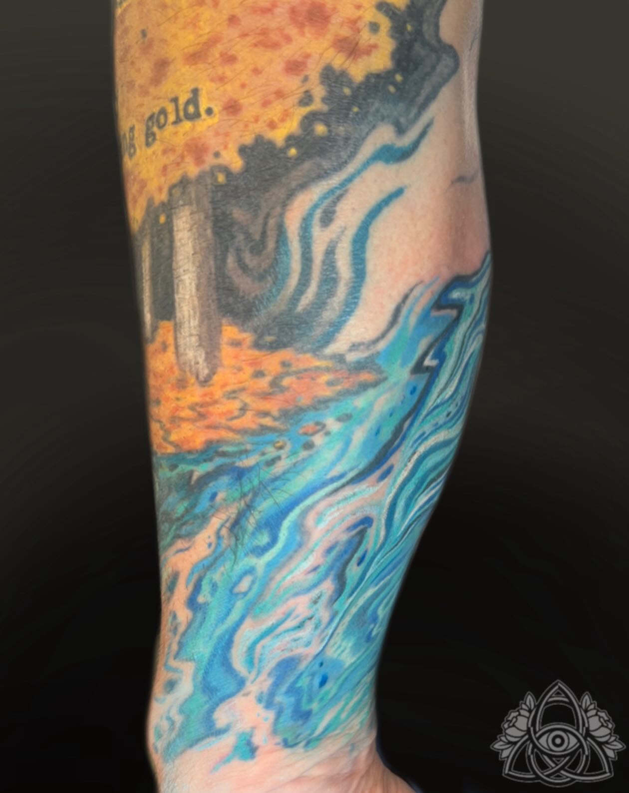 Abstract landscape dotwork tattoo on the forearm by Michael - Tattoo Garden Everett, Everett, Washington