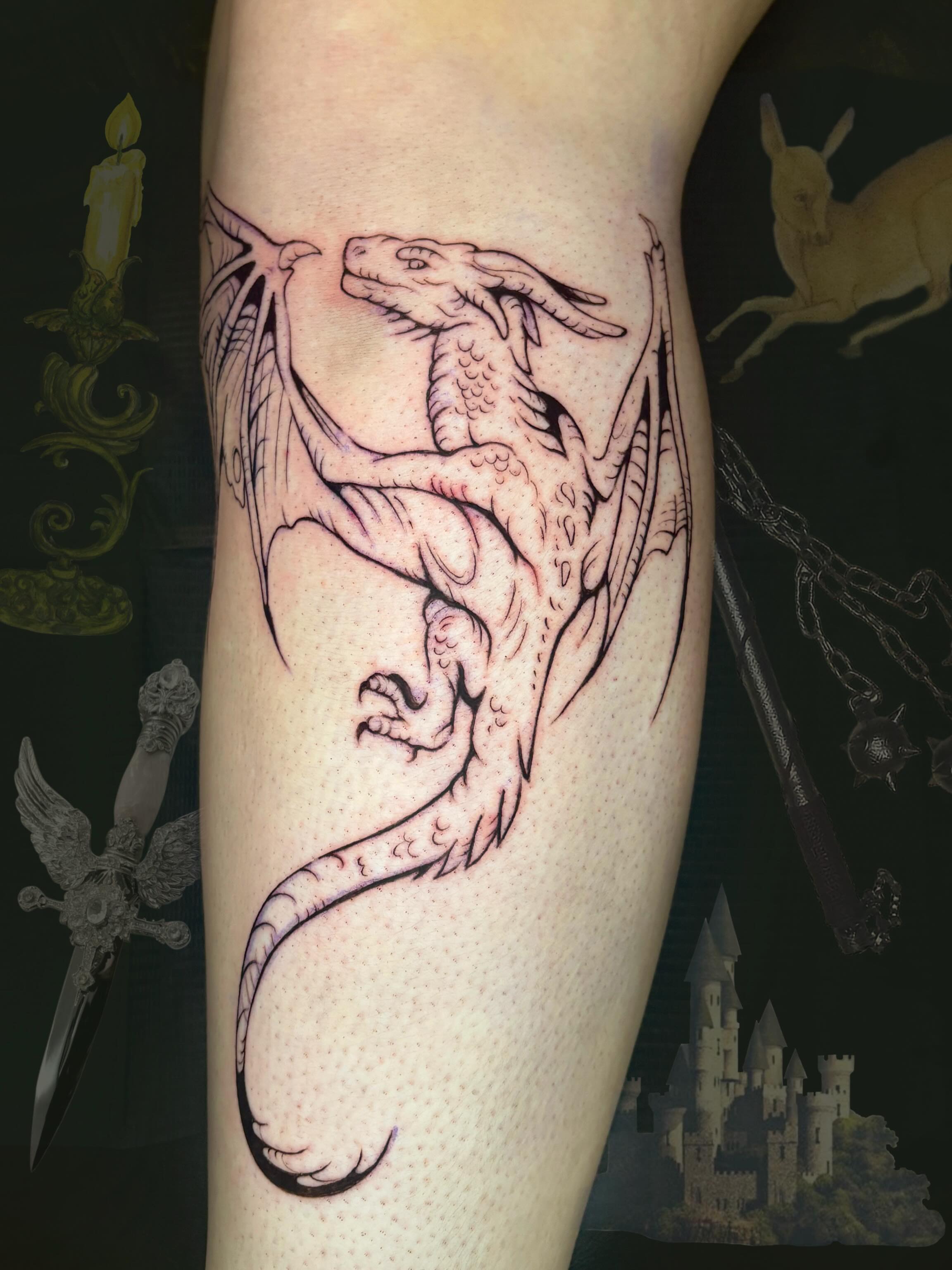 Dragon dotwork tattoo on the forearm by Autumn