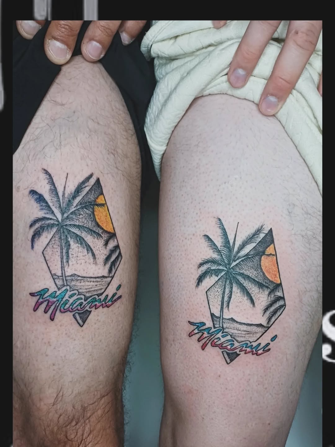 Miami palm tree sunset fine line tattoo on the thigh by Miami Beach Tattoo Artist