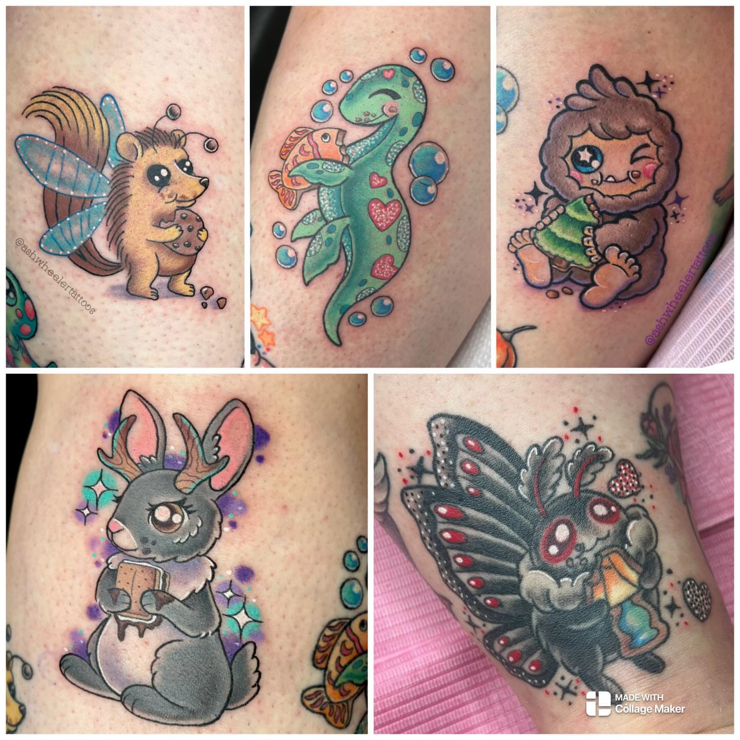 Animal characters new school tattoo on the upper arm by Ash Wheeler
