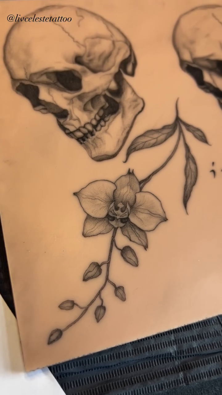 Skull and orchid realism tattoo on the chest by ༻❁༺ ⟡ 𝑳𝒊𝒗 𝑪𝒆𝒍𝒆𝒔𝒕𝒆 ⟡ ༻❁༺