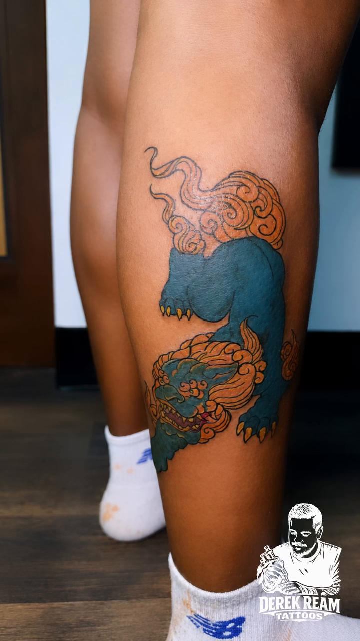 Dragon tattoo on leg tattoo on the leg by Derek Ream