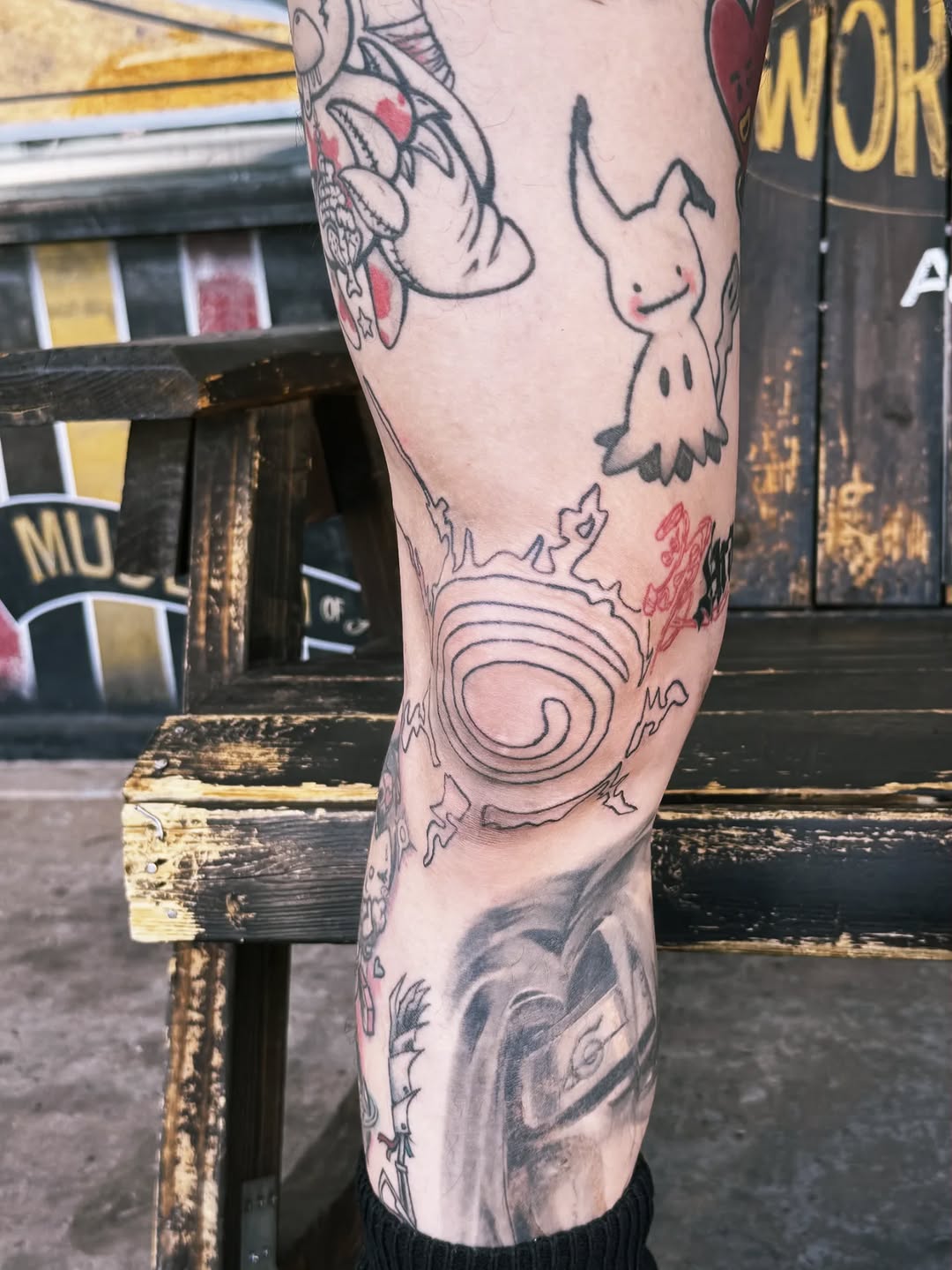 Mimikyu and other anime characters new school tattoo on the forearm by Cielle