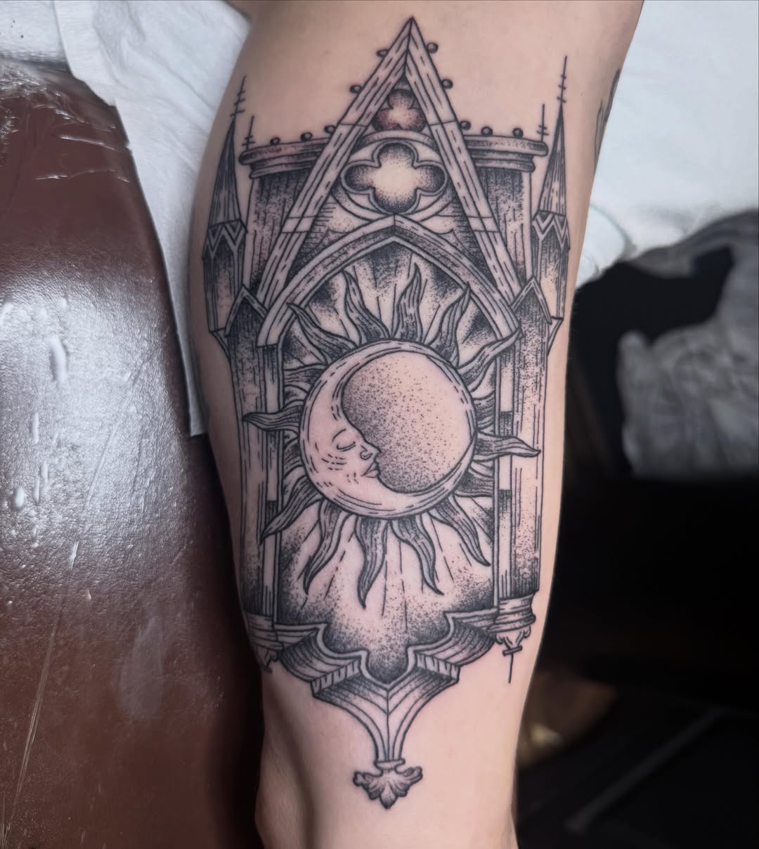 Gothic cathedral dotwork tattoo on the forearm by Ryan Moraski, Colorado Springs, Colorado