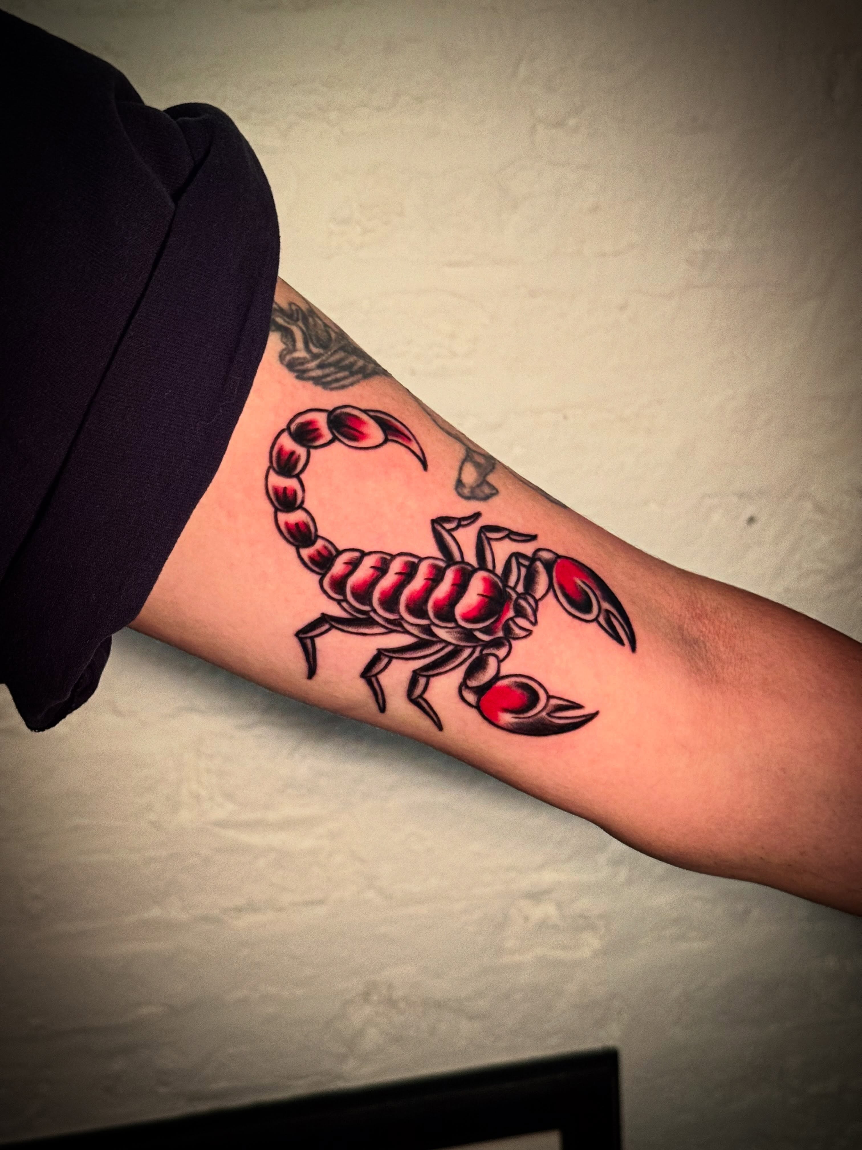 Scorpion American traditional tattoo on the forearm by Mackz