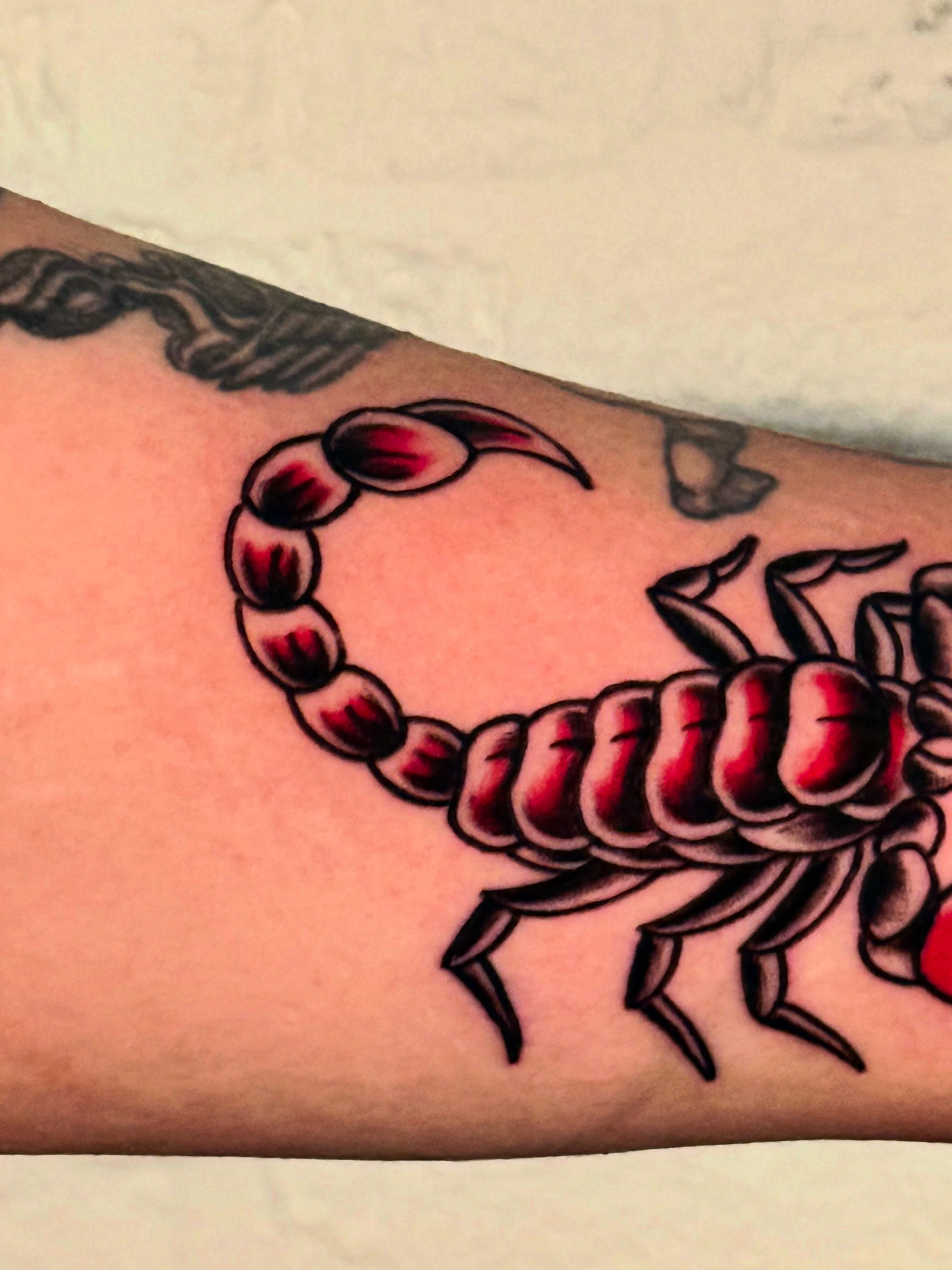 Scorpion American traditional tattoo on the forearm by Mackz