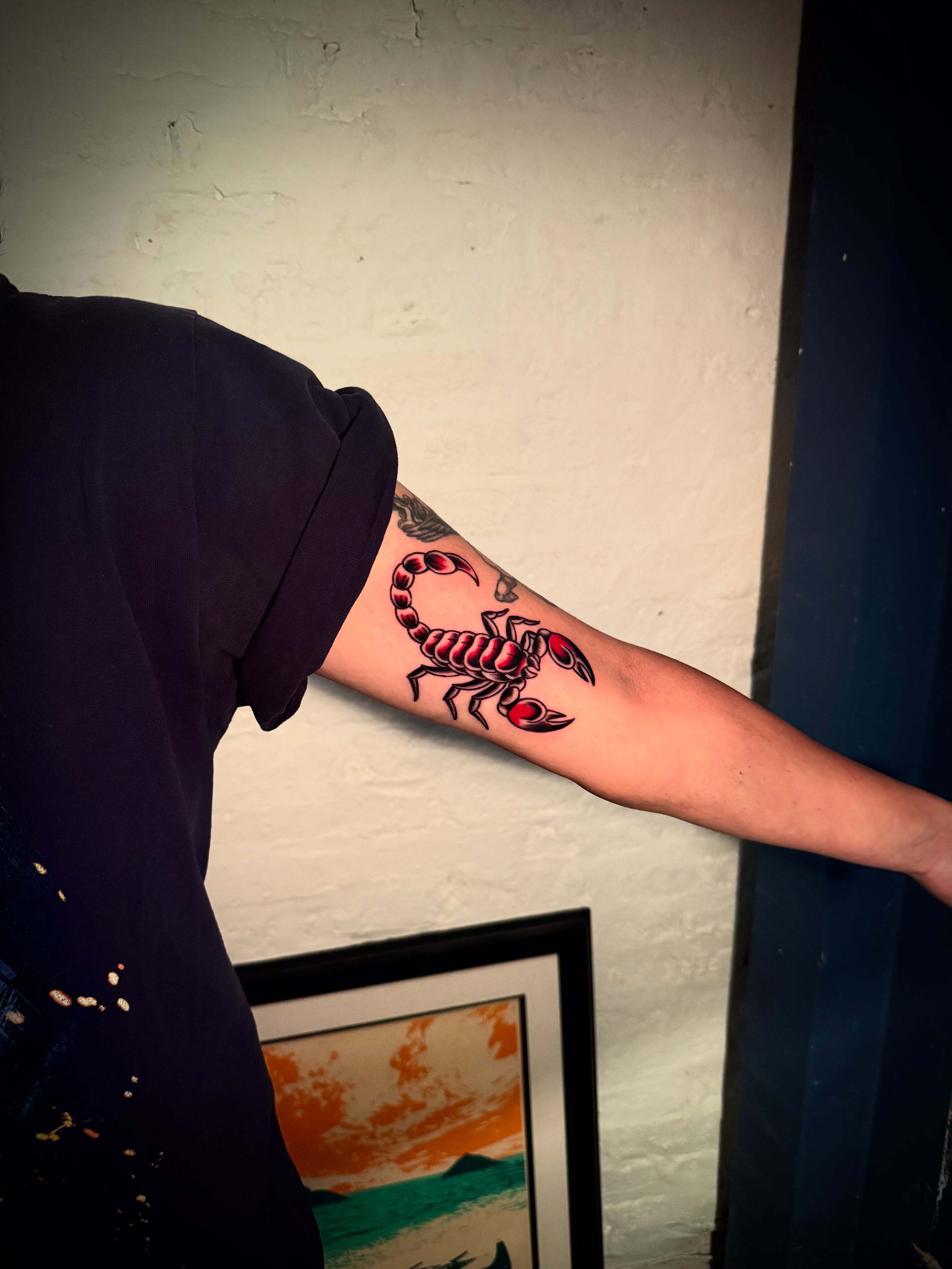 Scorpion American traditional tattoo on the forearm by Mackz