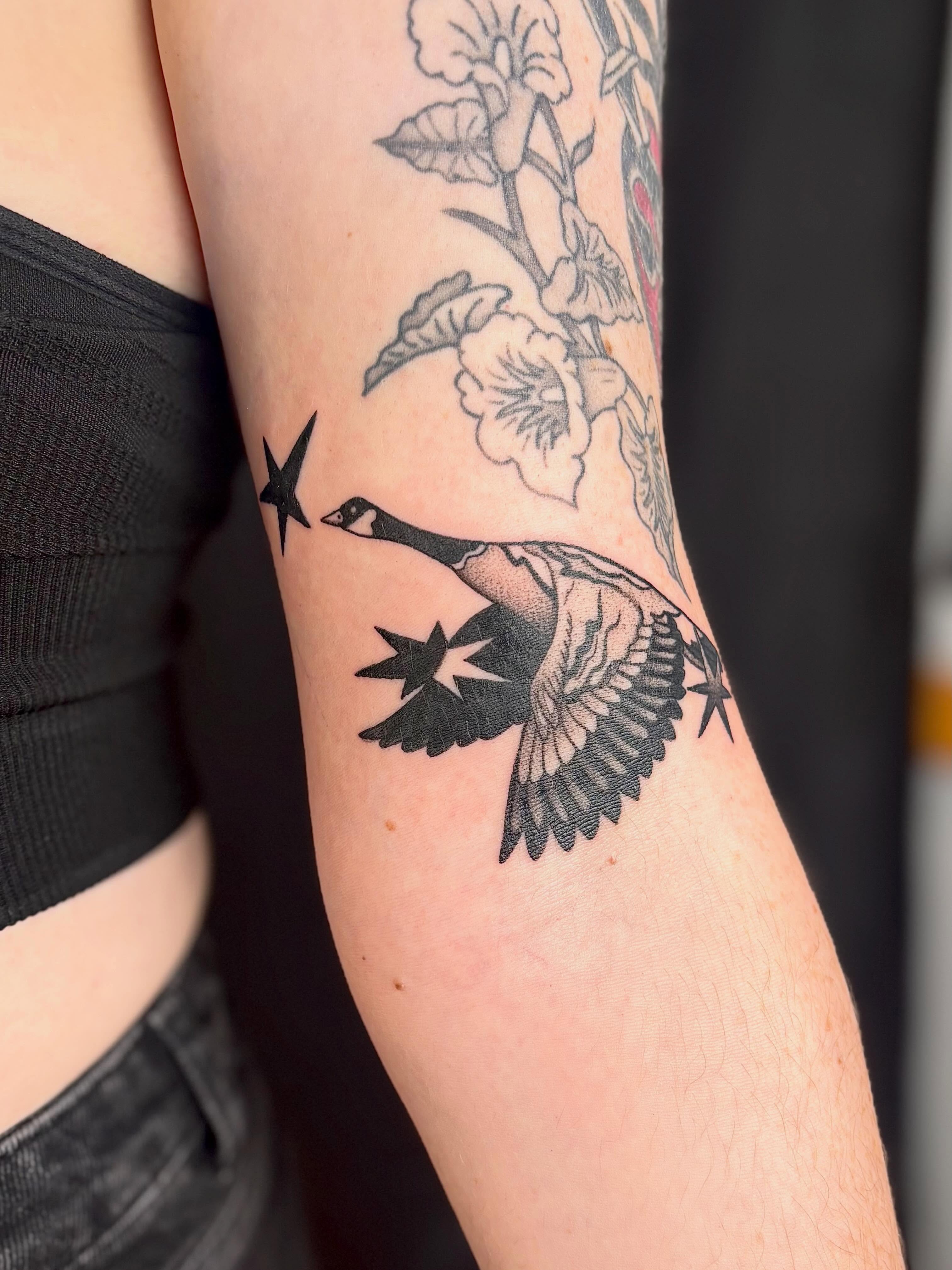 Goose and stars American traditional tattoo on the forearm by Erica McCullough