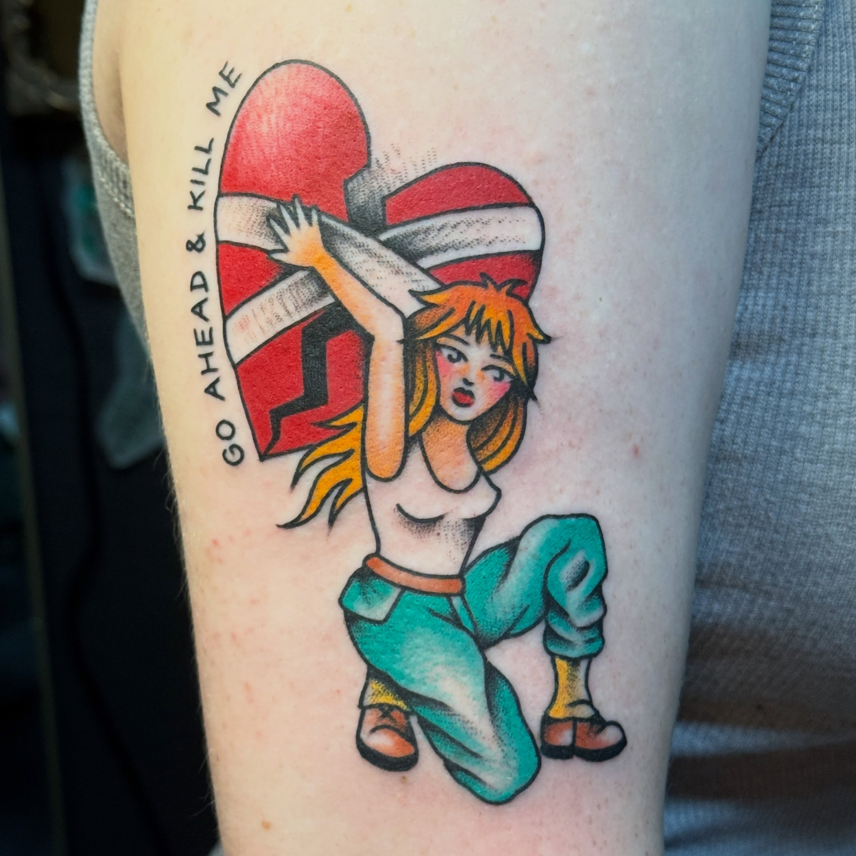 Girl with heart American traditional tattoo on the forearm by Traddy Maddie ๐