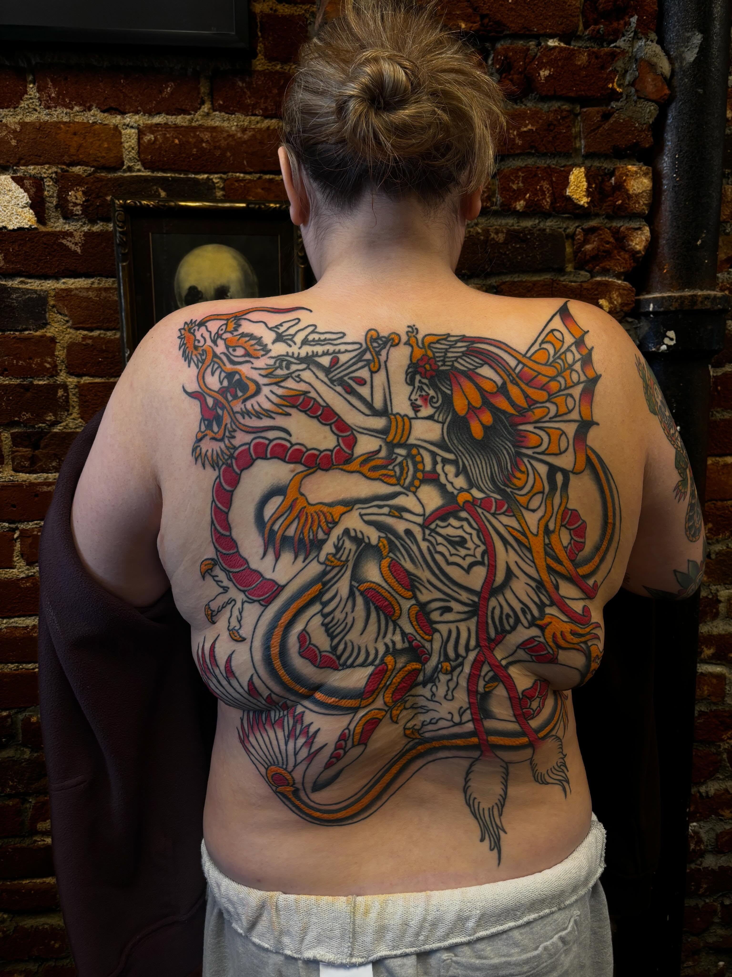 Dragon and woman japanese irezumi tattoo on the back by Alyssa L'Heureux🕴🏼, Los Angeles, California