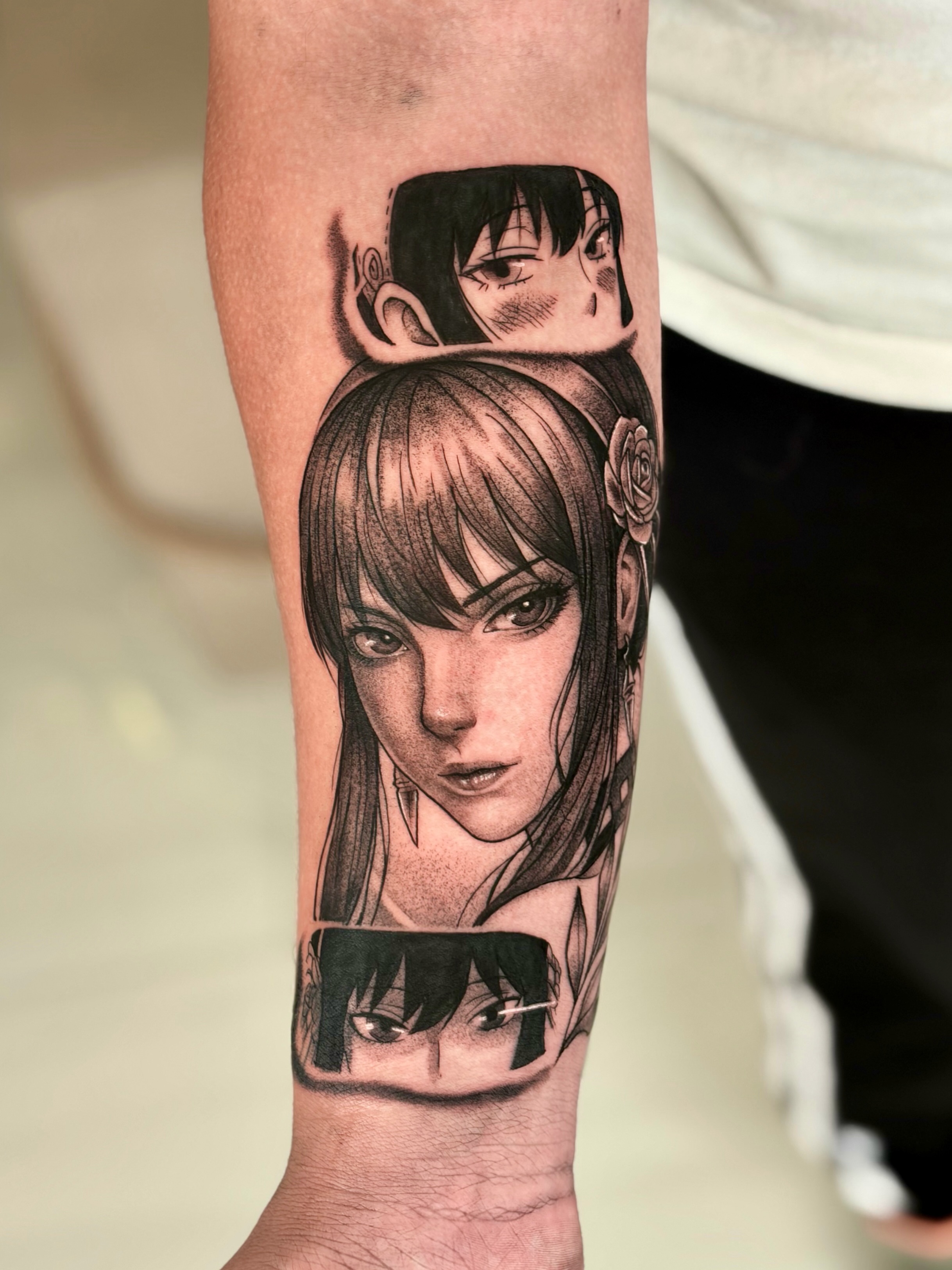 Anime character realism tattoo on the forearm by Quinn ᶻ 𝗓 𐰁 .ᐟ, Charlotte, North Carolina