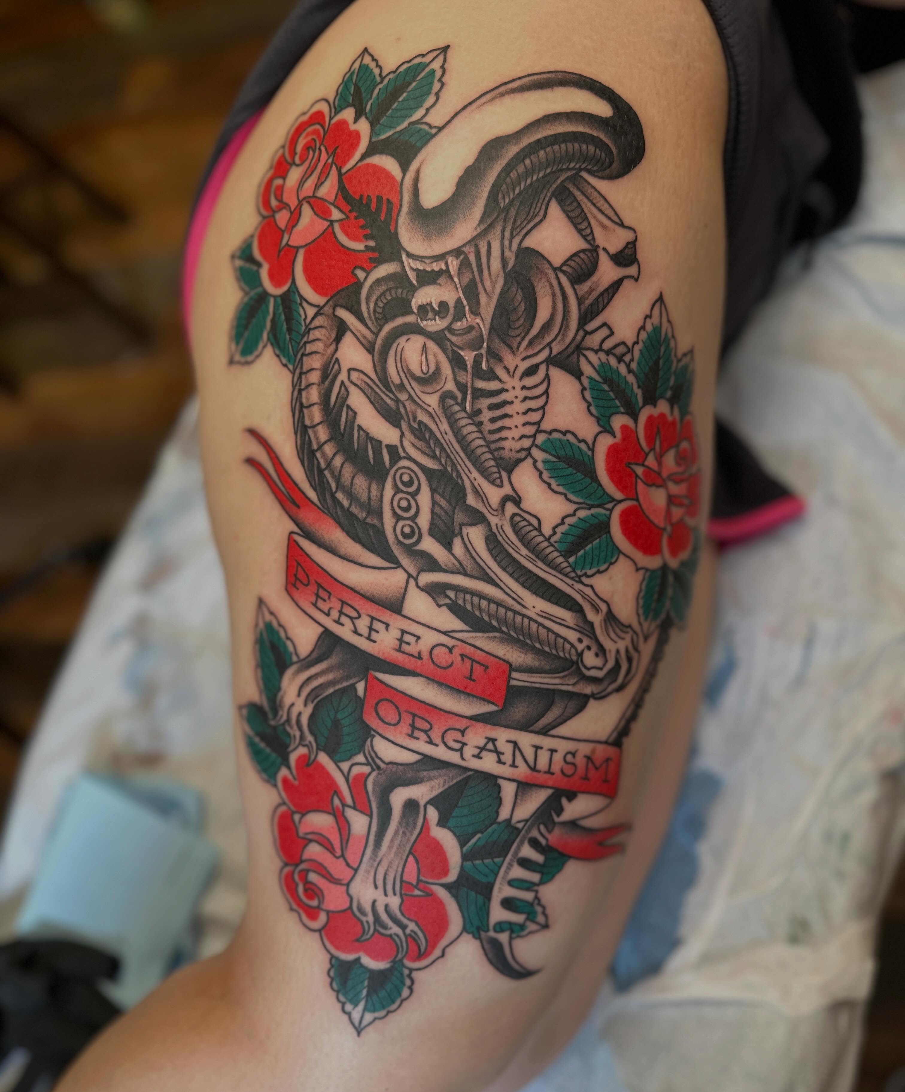 Alien creature American traditional tattoo on the shoulder by Megon Shore, Seattle, Washington