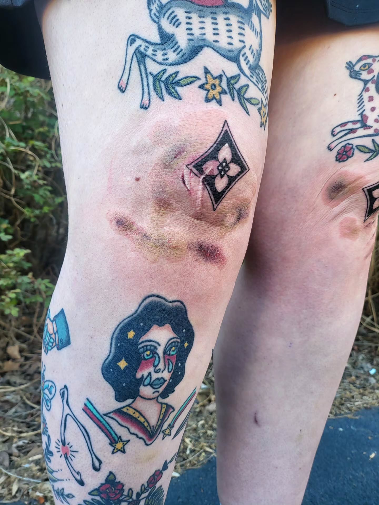 Woman with stars American traditional tattoo on the forearm by SJ Horvath