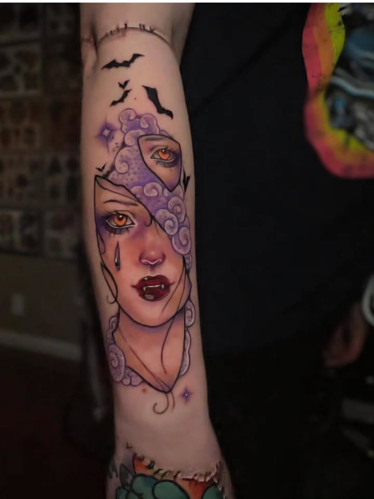 Woman's face illustrative tattoo on the forearm by SJ Horvath