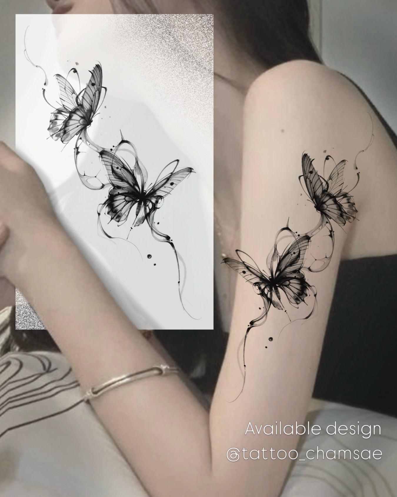Butterfly black and grey tattoo on the forearm by @tattoo_chamsae
