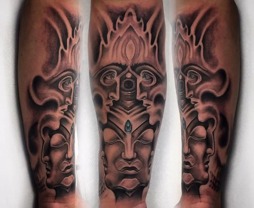 Surreal face with multiple visages dark realism tattoo by Daniel Fisher, Berlin, New Jersey