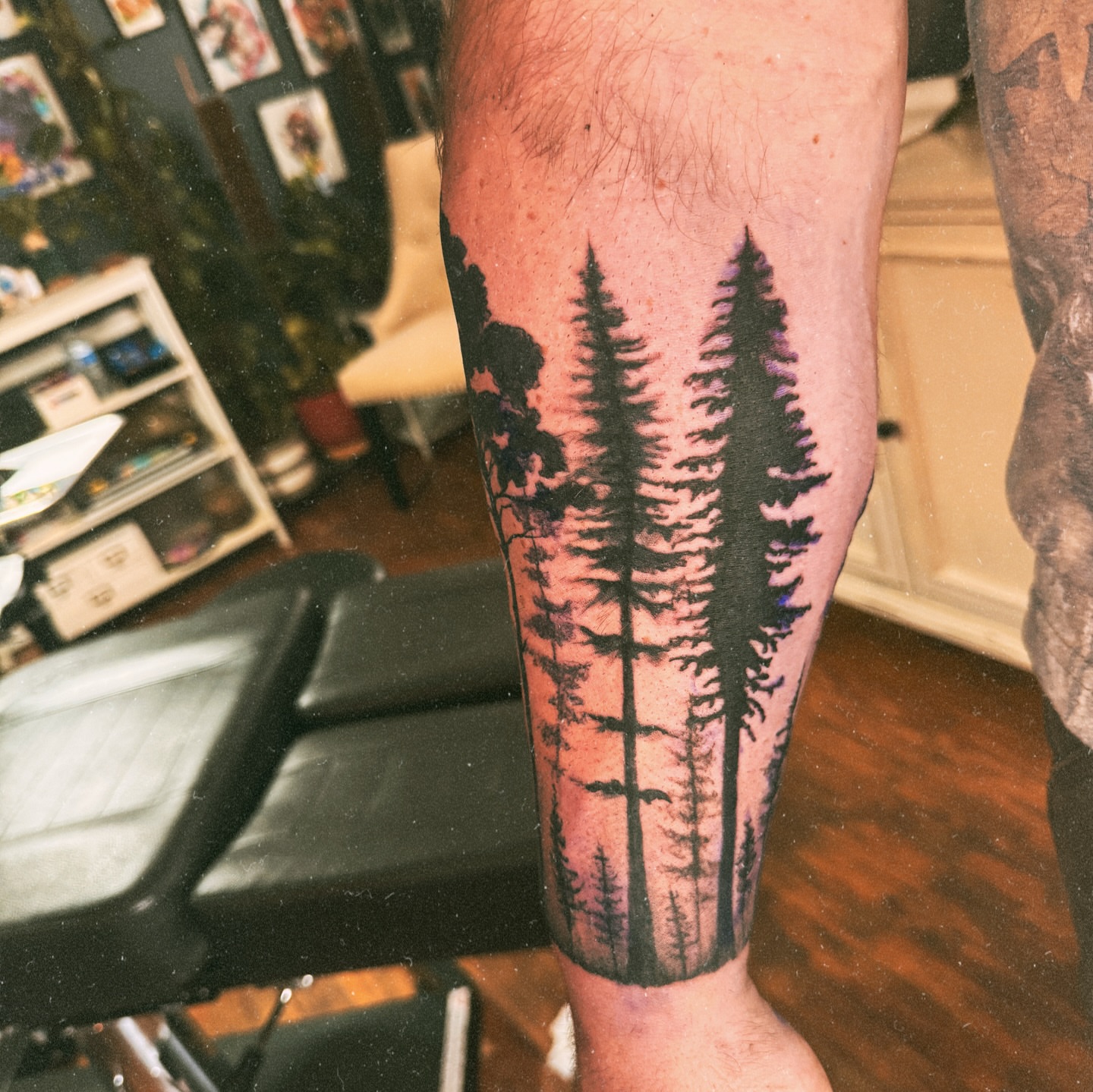 Pine trees black and grey tattoo on the forearm by Eric Burns - NoVA Tattoo Artist