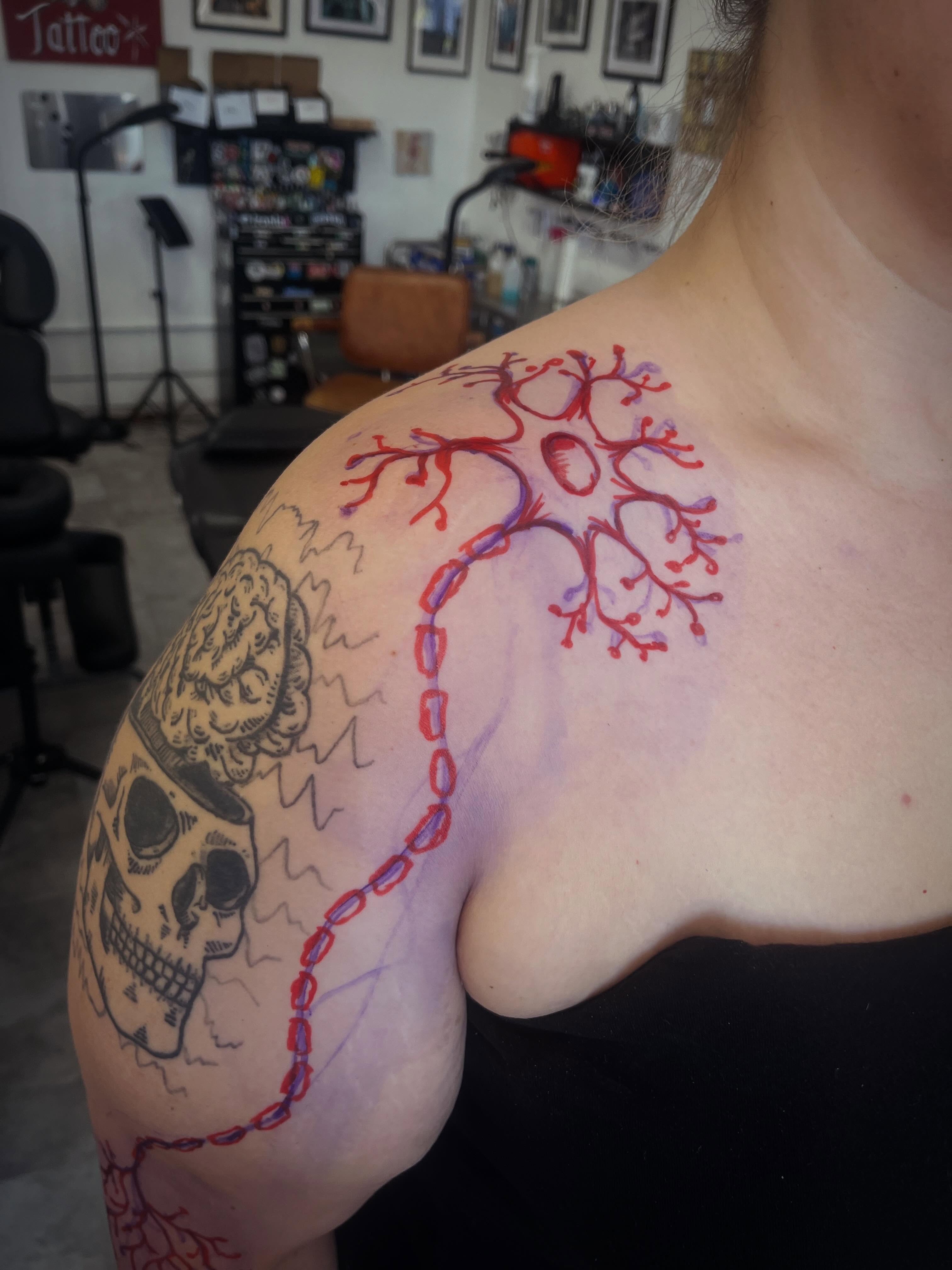 Neural network neo-traditional tattoo on the shoulder by Rafaela Lopez