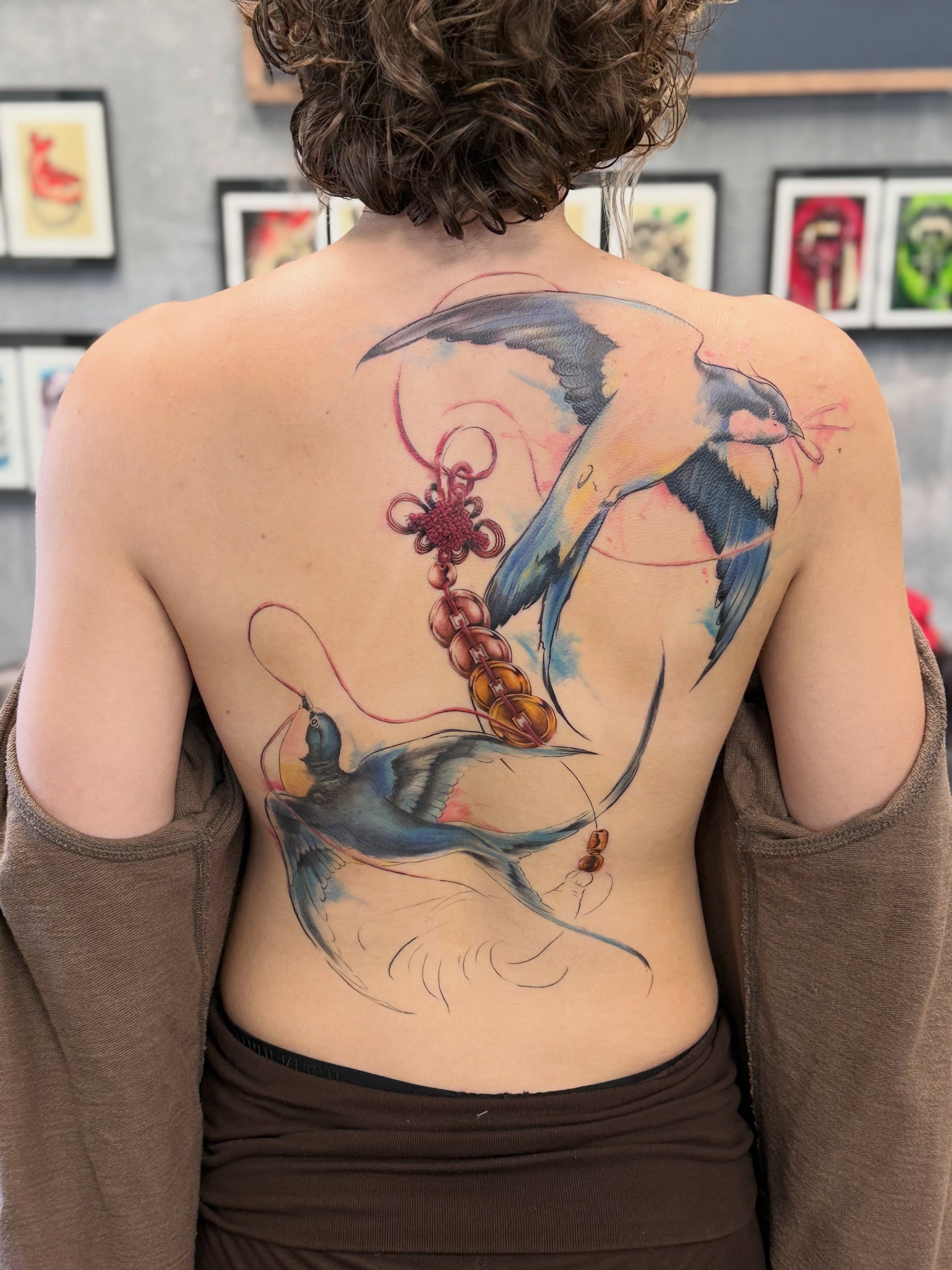 Birds and Chinese knot watercolor tattoo on the back by Chris