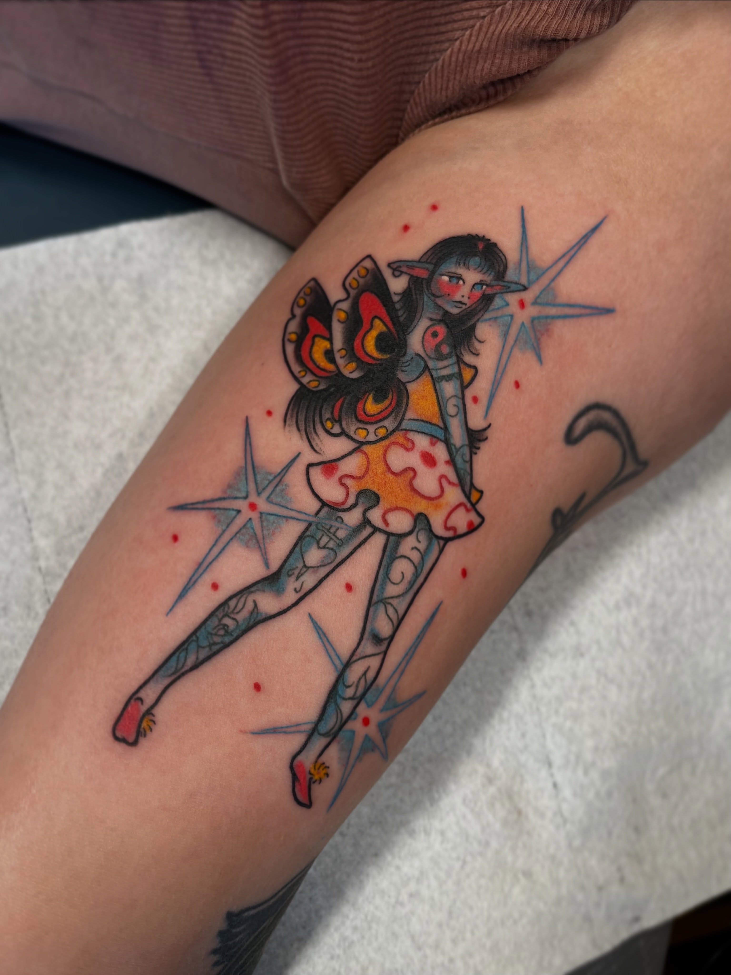 Fairy new school tattoo on the forearm by Allyson Blessing Tattoos