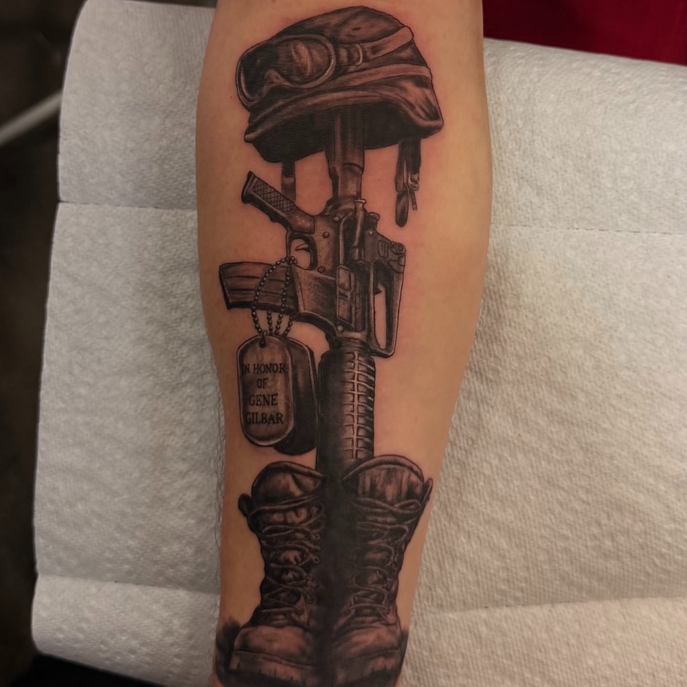 Military gear realism tattoo on the forearm by Zeninkz