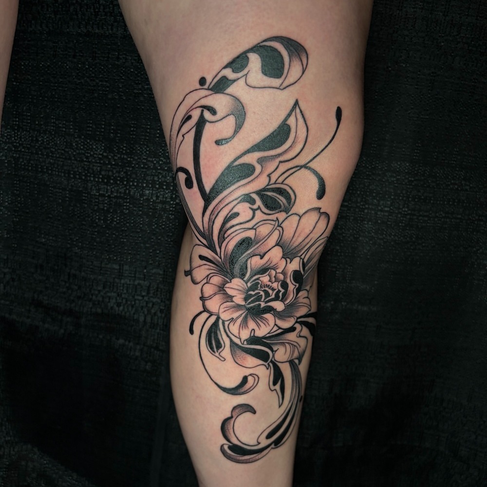 Peony flower black and grey tattoo on the forearm by Zeninkz