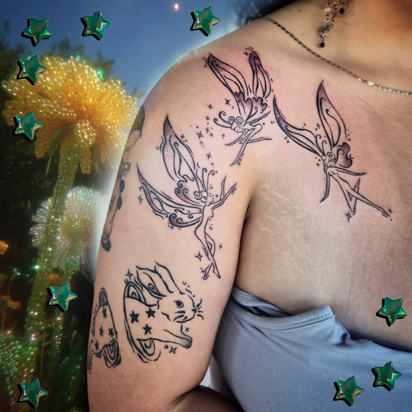 Fairy and rabbit black and grey tattoo on the shoulder by π΅ππππ§π»ββοΈβΛκ©ο½‘β
