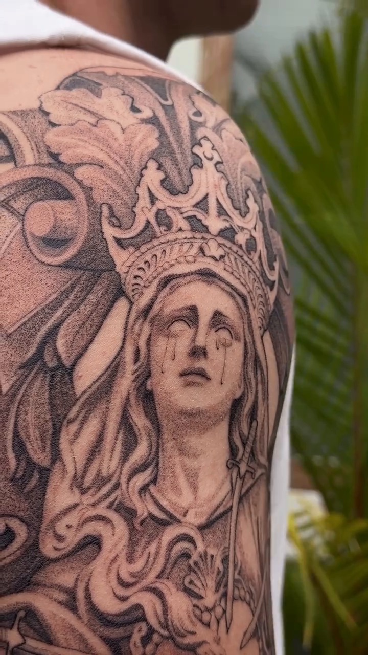 Woman statue and ornate crown realism tattoo by Viktor Govorukhin